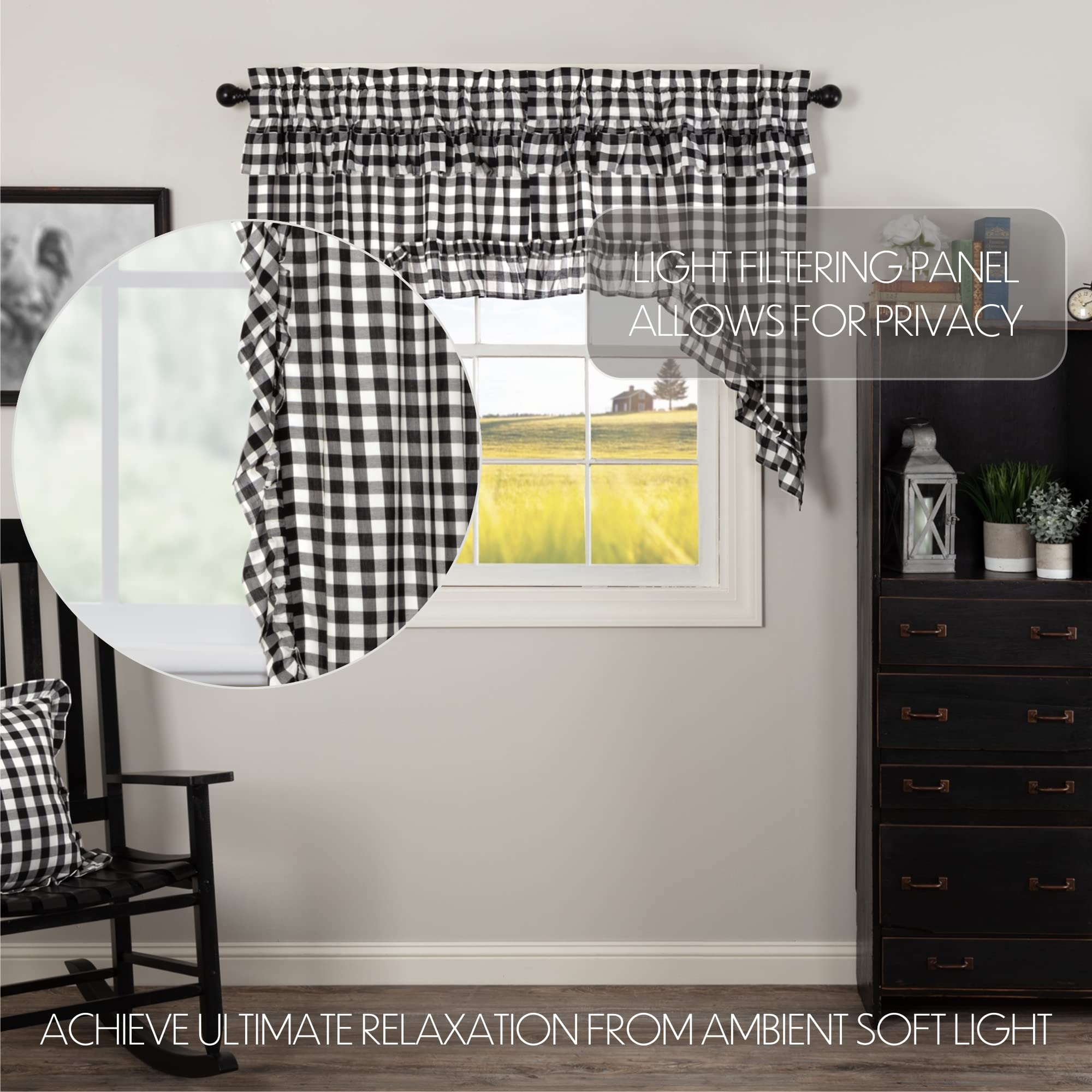 Annie Buffalo Check Cotton Farmhouse Kitchen Curtains - Black Country Style Rod Pocket & Hanging Loops - Rustic Ruffled Swag Pair for Cozy Country Kitchen Decor
