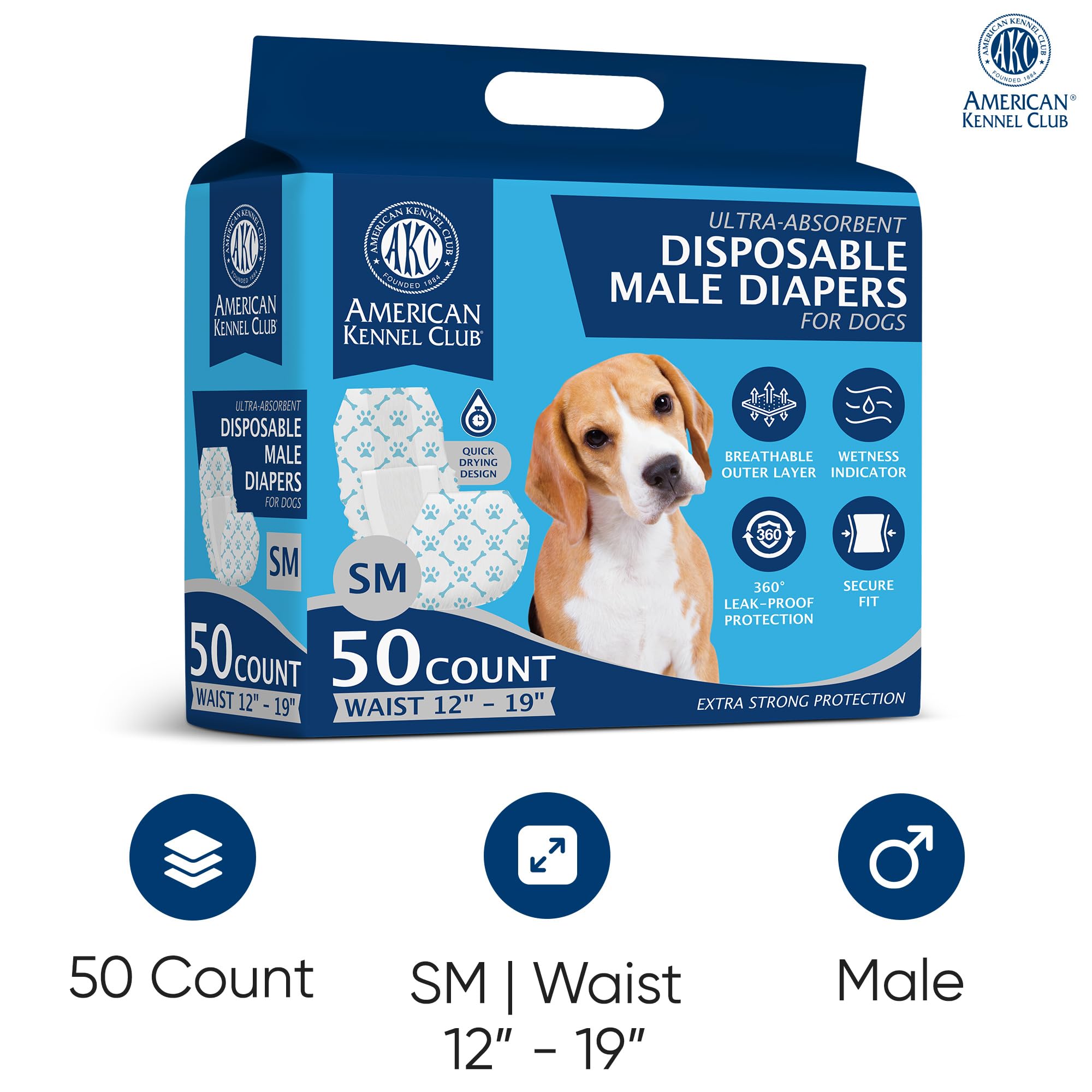 American Kennel Club Male Dog Wrap Disposable Diapers with Wetness Indicator - Small Size (50 Count) for Puppy Potty Training & Senior Dog Incontinence Care | Home Use, Travel & Vet Visits