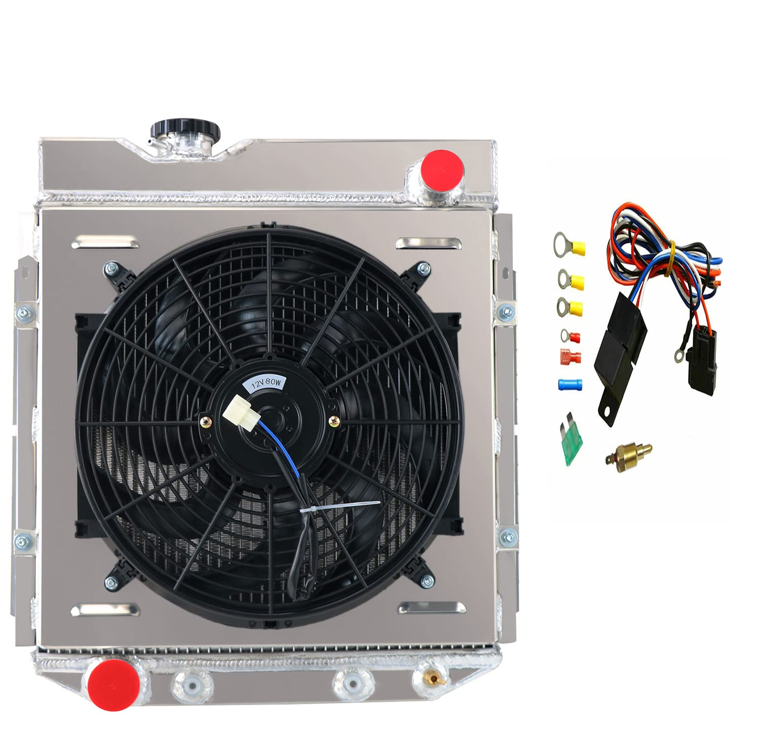 Full Aluminum 3-Row Radiator with Fan Shroud & Thermostat Relay Kit - Compatible with 1960-1965 Ford Falcon, 1963-1965 Falcon Sedan Delivery, 1965-1966 Mustang, 1960-1965 Mercury Comet L6 Engine | High-Performance Cooling Upgrade for Classic Car Restoration & Hot Rod Builds