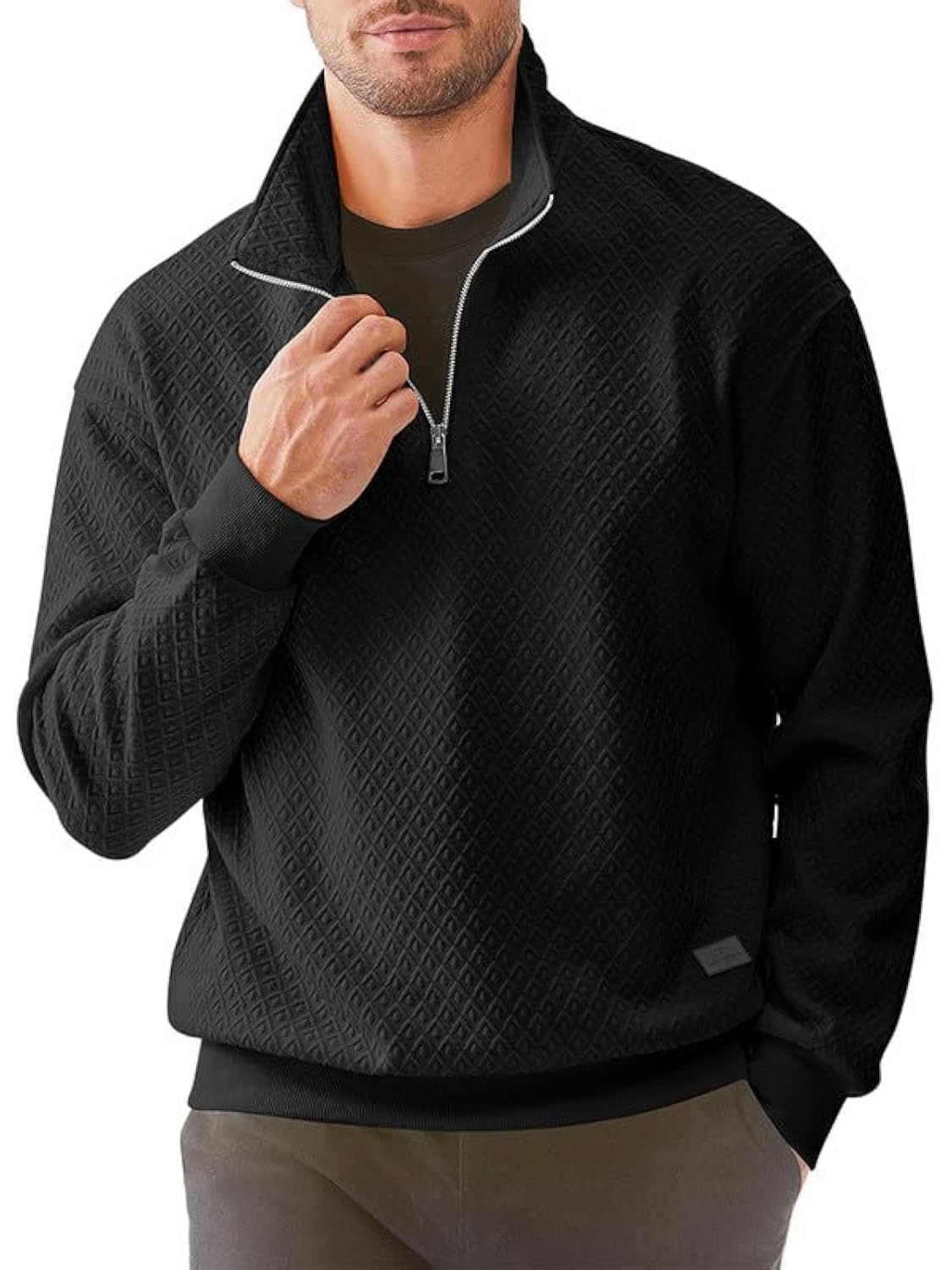 Men's Quarter Zip Sweatshirt - Casual Mock Neck Pullover with Geometric Waffle Texture | Long Sleeve Solid Color Fleece Top for Outdoor Activities & Lounge Wear