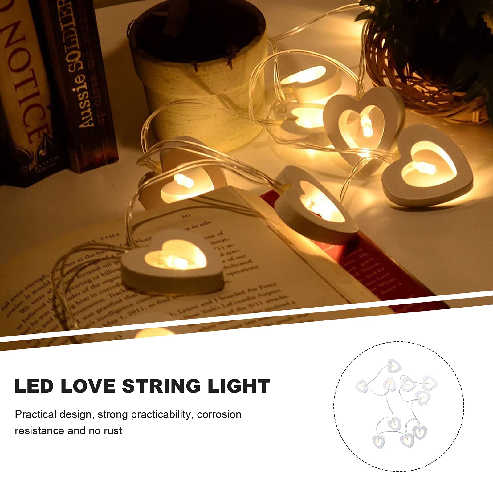 INOOMP 1pc Wooden Peach Heart LED String Lights - Romantic Decorative Fairy Lights for Bedroom, Wedding, Party & Home Decor - Battery Operated Warm White Atmosphere Lighting