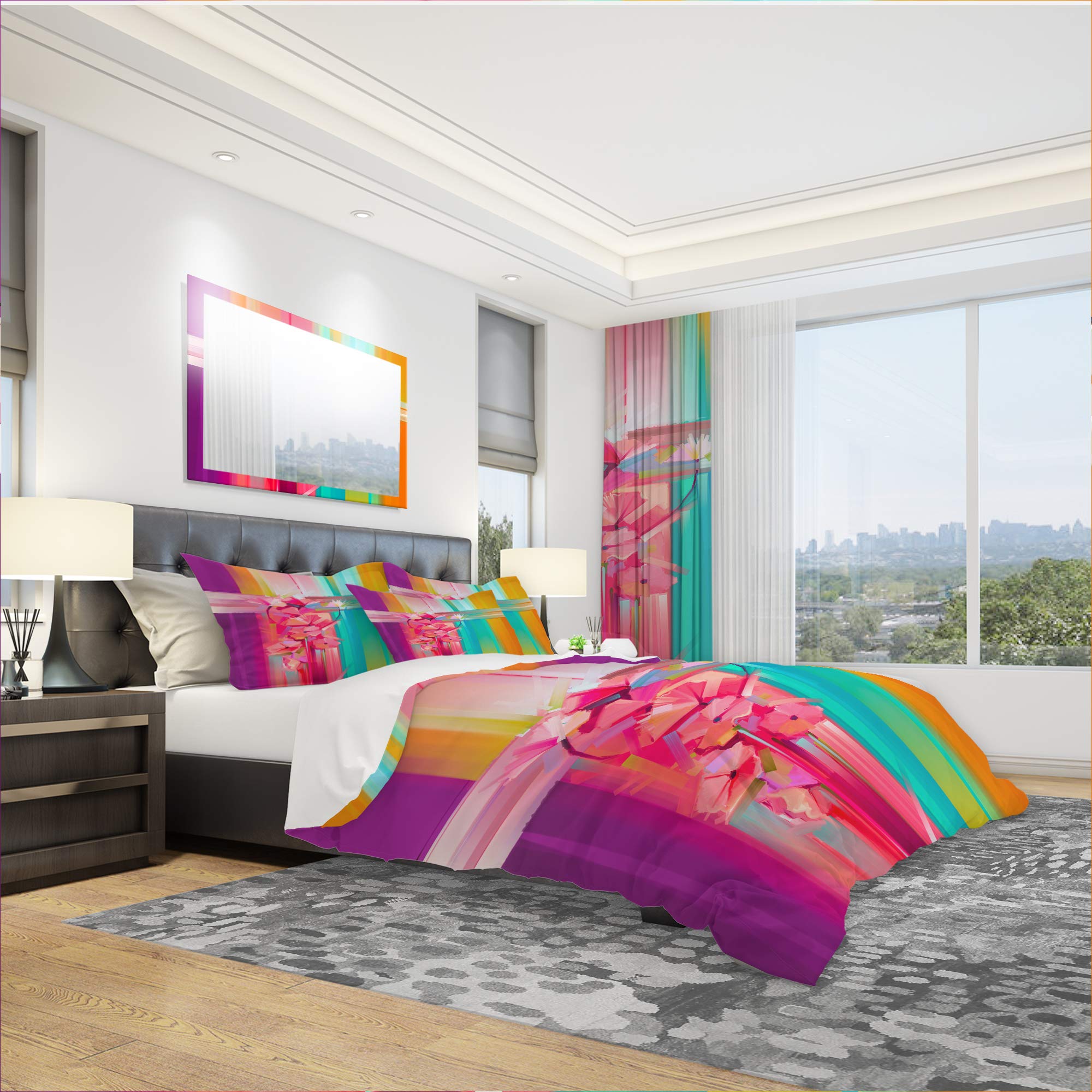 Abstract Red Gerbera Floral Duvet Cover Set - Pink Twin Size 3-Piece Coastal Bedding for Spring & All Seasons | Perfect for Nautical Themed Bedrooms & Beach House Decor