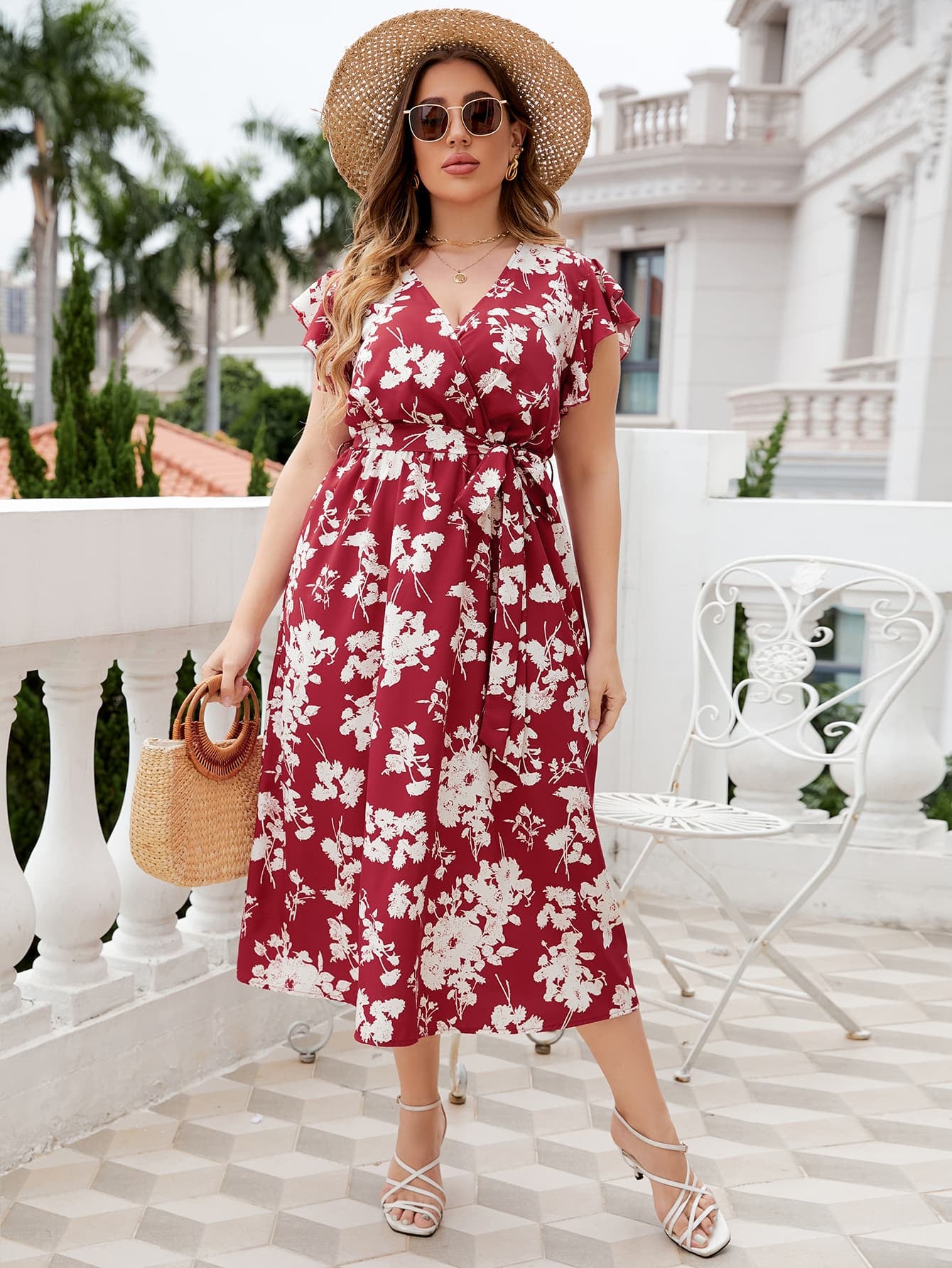 Plus Size Floral Print Wrap Waist Surplice Neck Midi Dress for Women - Elegant Summer Outfit for Weddings, Parties & Date Nights