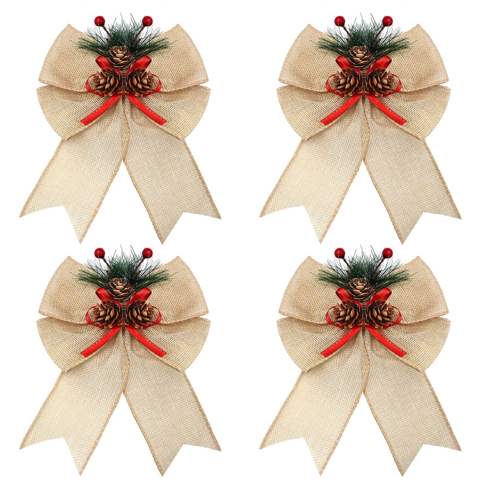 4-Piece Buffalo Plaid Christmas Bows with Pine Cones - Rustic Wreath Ribbon & Tree Decorations for Indoor/Outdoor Holiday Crafts (Beige) | Perfect for Xmas Tree Toppers, Gift Wrapping, Mantel Decor & Festive DIY Projects
