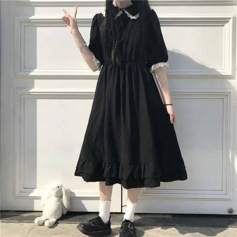 Autumn Black Kawaii Lolita Style Dress - Mori Girl Fairy Cute Lolita Peter Pan Collar Puff Sleeve Dress for Women | Gothic Fashion, Cosplay, Tea Party Outfit