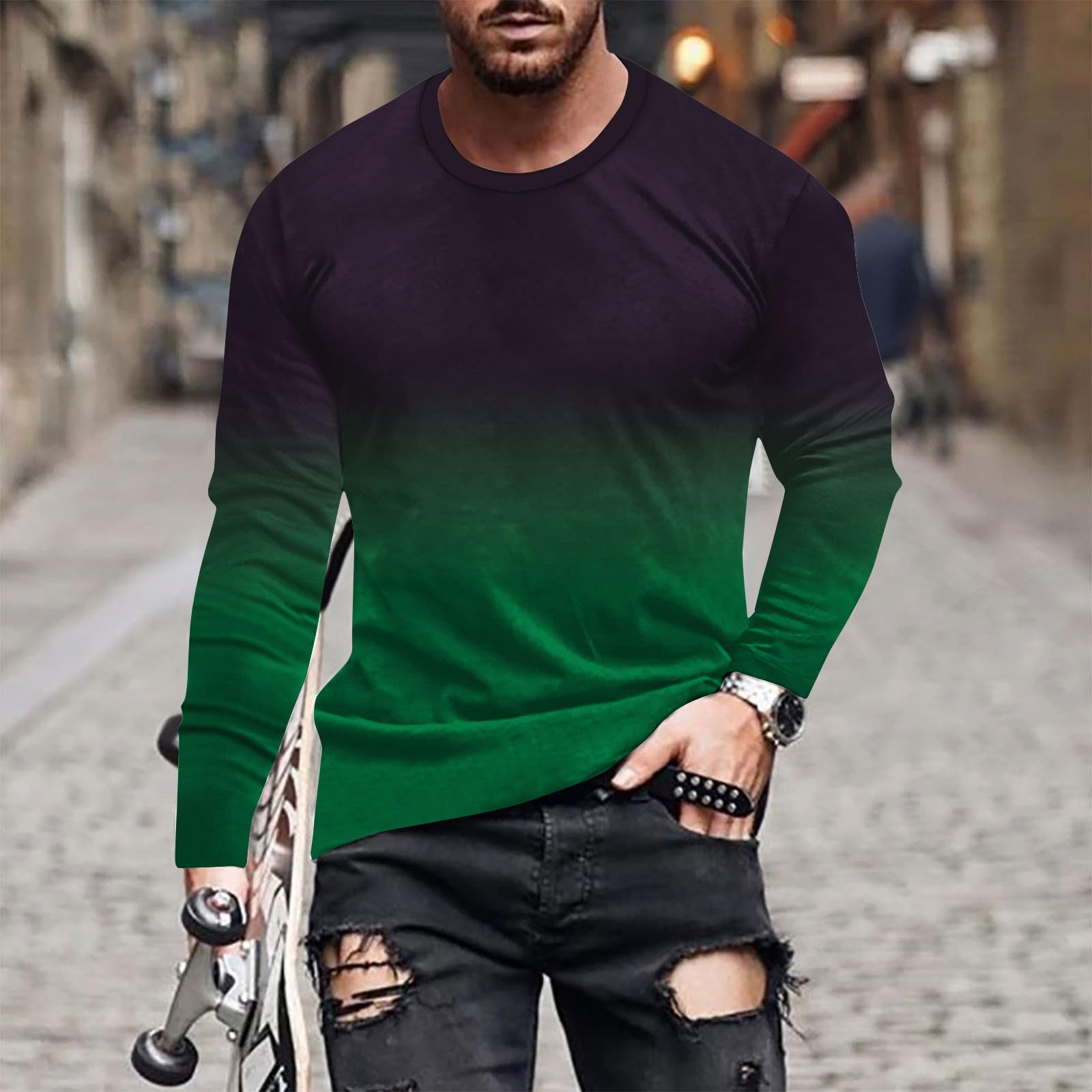 Muscularfit Men's Long Sleeve Graphic Pullover Sweatshirt - Casual Gradient Color Loose Fit Athletic Shirt for Fall Fashion | Gym, Workout, Streetwear & Everyday Wear