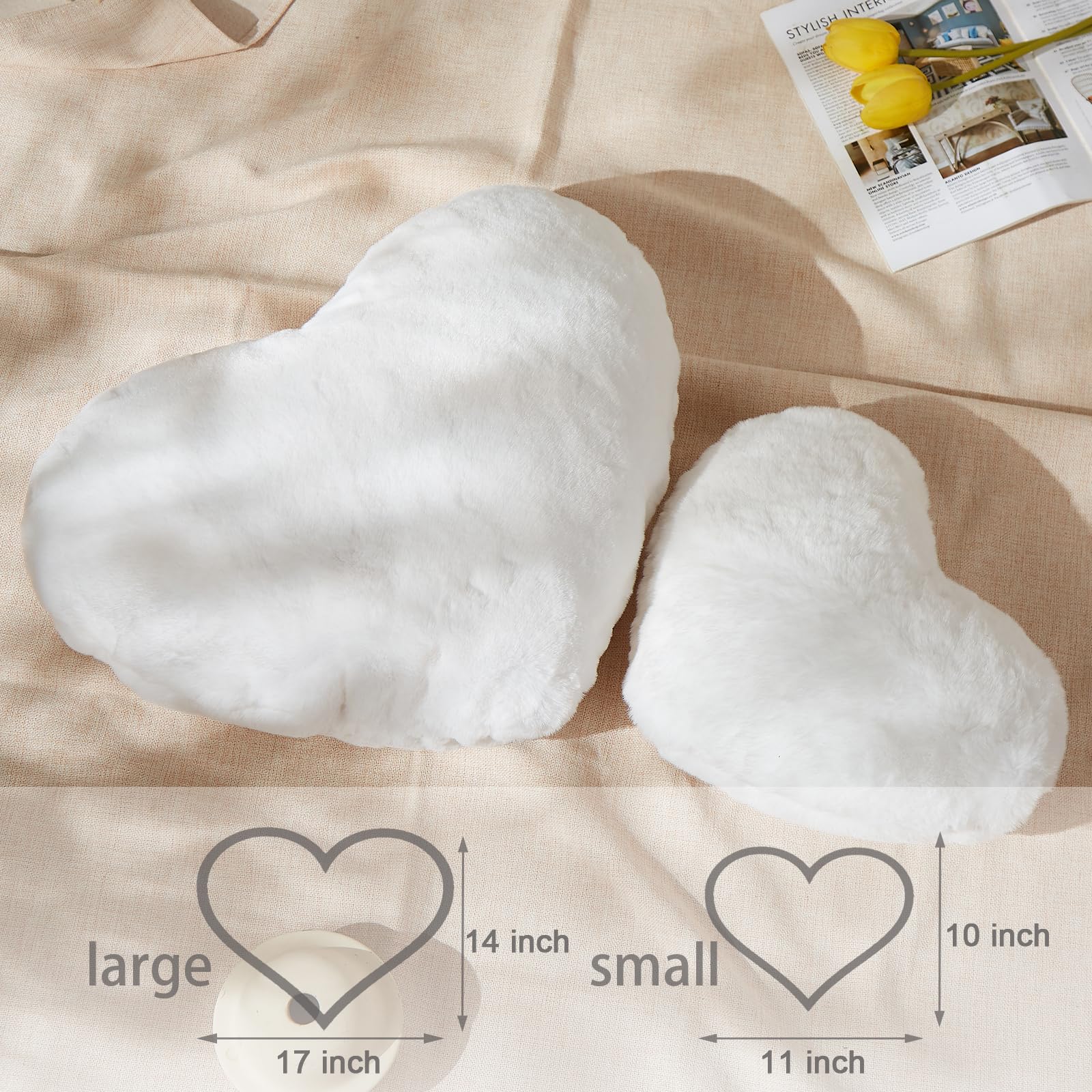 YRXRUS White Faux Rabbit Fur Heart Pillow - 14x17 Inch Large Love Pillow Gift for Mother's Day, Valentine's Day & Anniversary - Coquette Decor Throw Pillow for Living Room, Bedroom & Sofa - Soft Huggable Decorative Cushion for Romantic Gifts & Home Decor