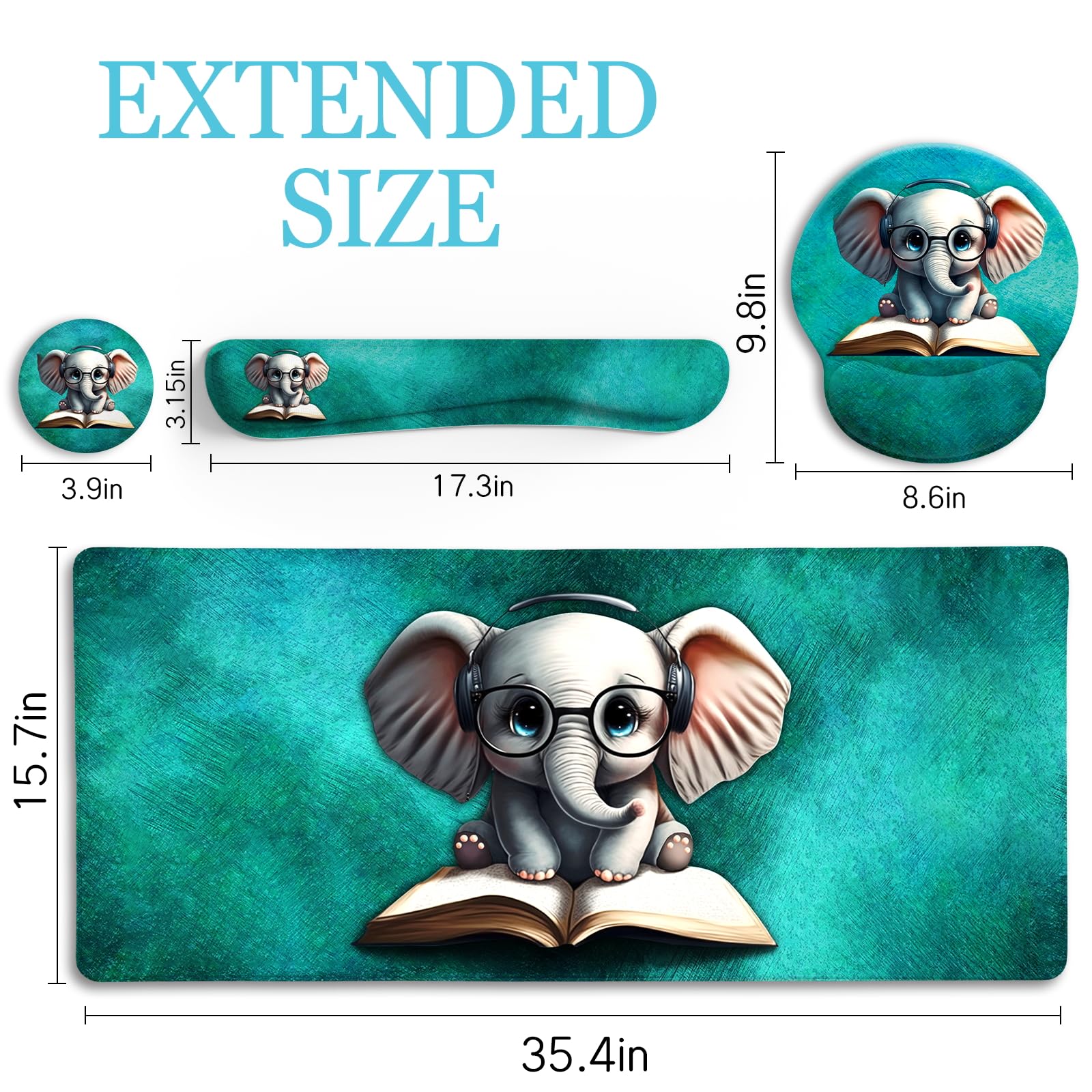 Premium Large Gaming Mouse Pad with Ergonomic Wrist Rest - XXL Desk Mat for Keyboard & Mouse - Non-Slip Office Desk Accessory with Cup Coaster - Cute Elephant Design for Home Office, Gaming Setup & Workstation Decor