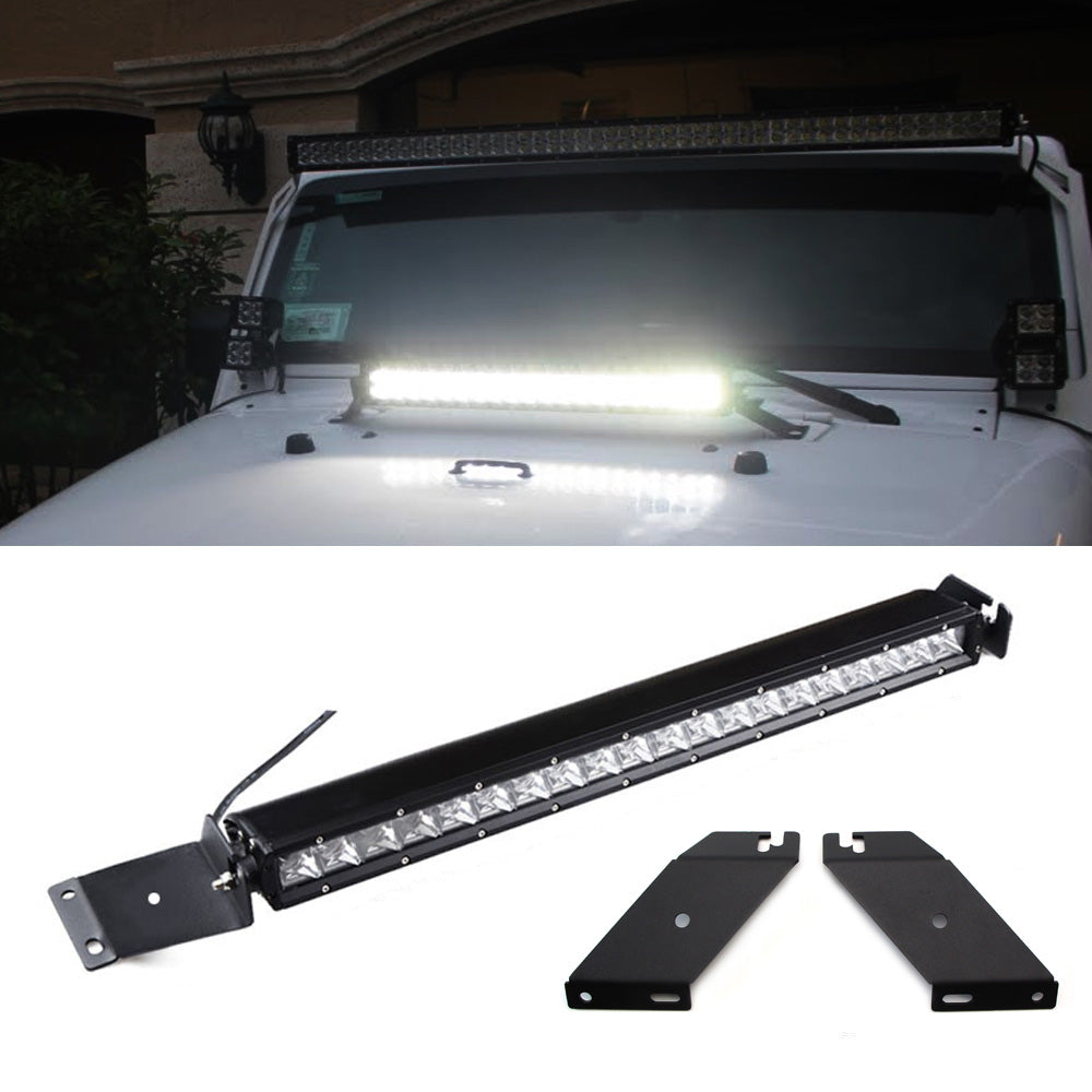 100W 21 LED Light Bar with Hood Mounting Bracket & Wiring Kit - Compatible with 2007-2017 Jeep Wrangler JK - Off-Road, Camping & Night Driving Lighting Upgrade