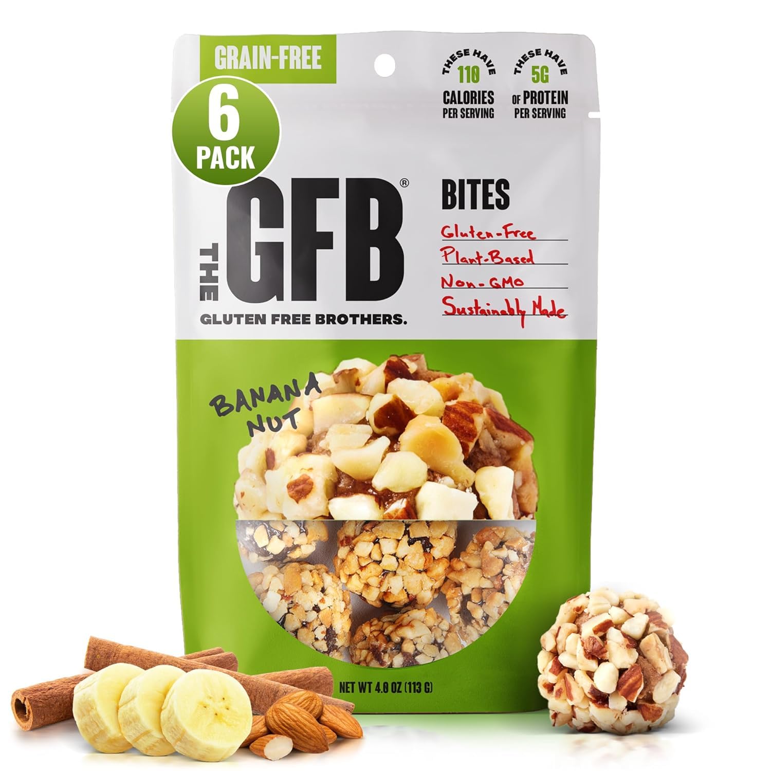 GFB Grain Free Banana Nut Bites - Non-GMO, Vegan & Paleo Friendly Protein Snacks - Soy Free, Plant-Based Energy Balls - Perfect for On-the-Go, Workouts & Healthy Snacking, 4 Oz (6 Count)