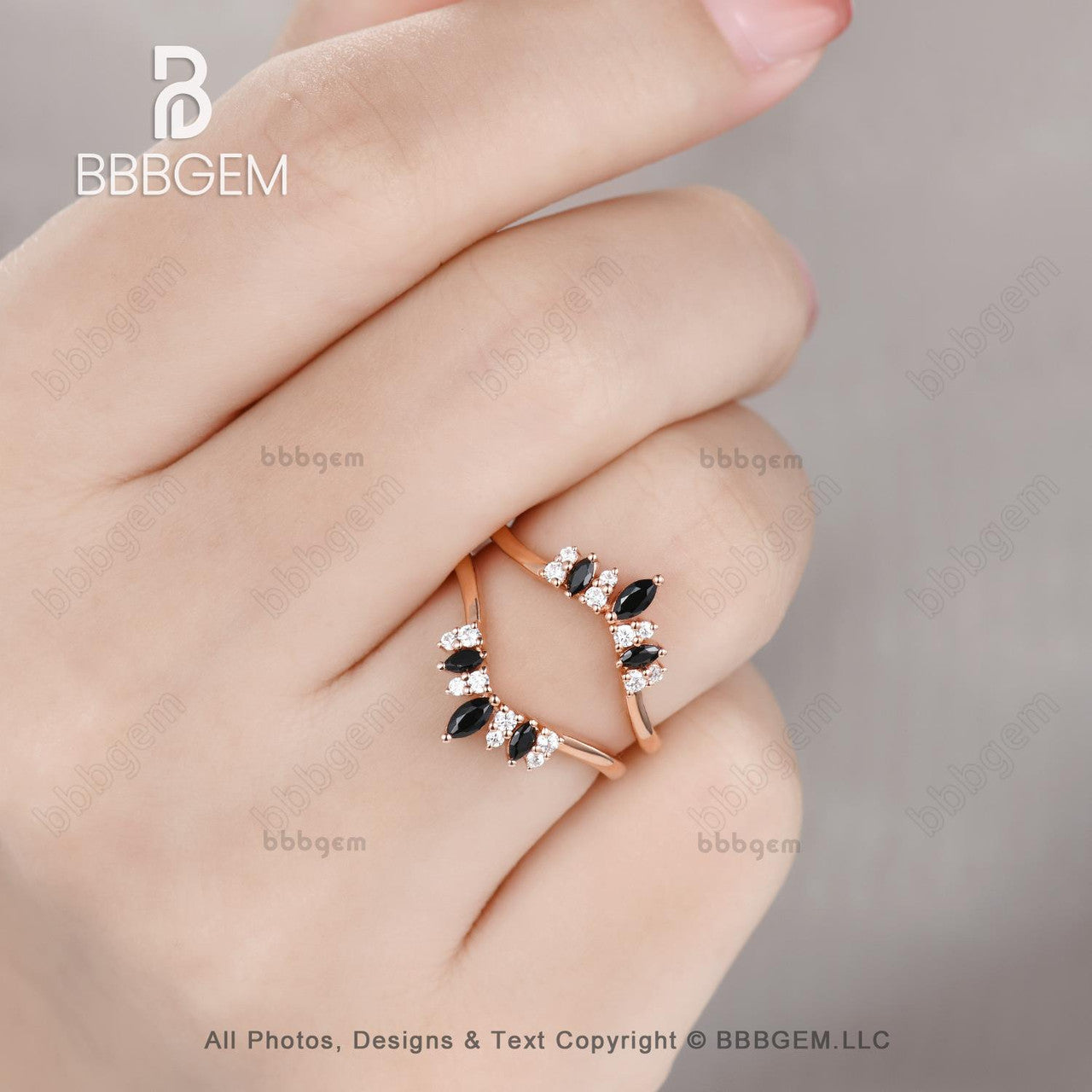 Marquise & Round Cut Black Onyx Diamond Chevron Wedding Band Ring Enhancer - Unique Rose Gold Curved Spinel Moissanite Bridal Jewelry for Engagement, Anniversary & Special Occasions