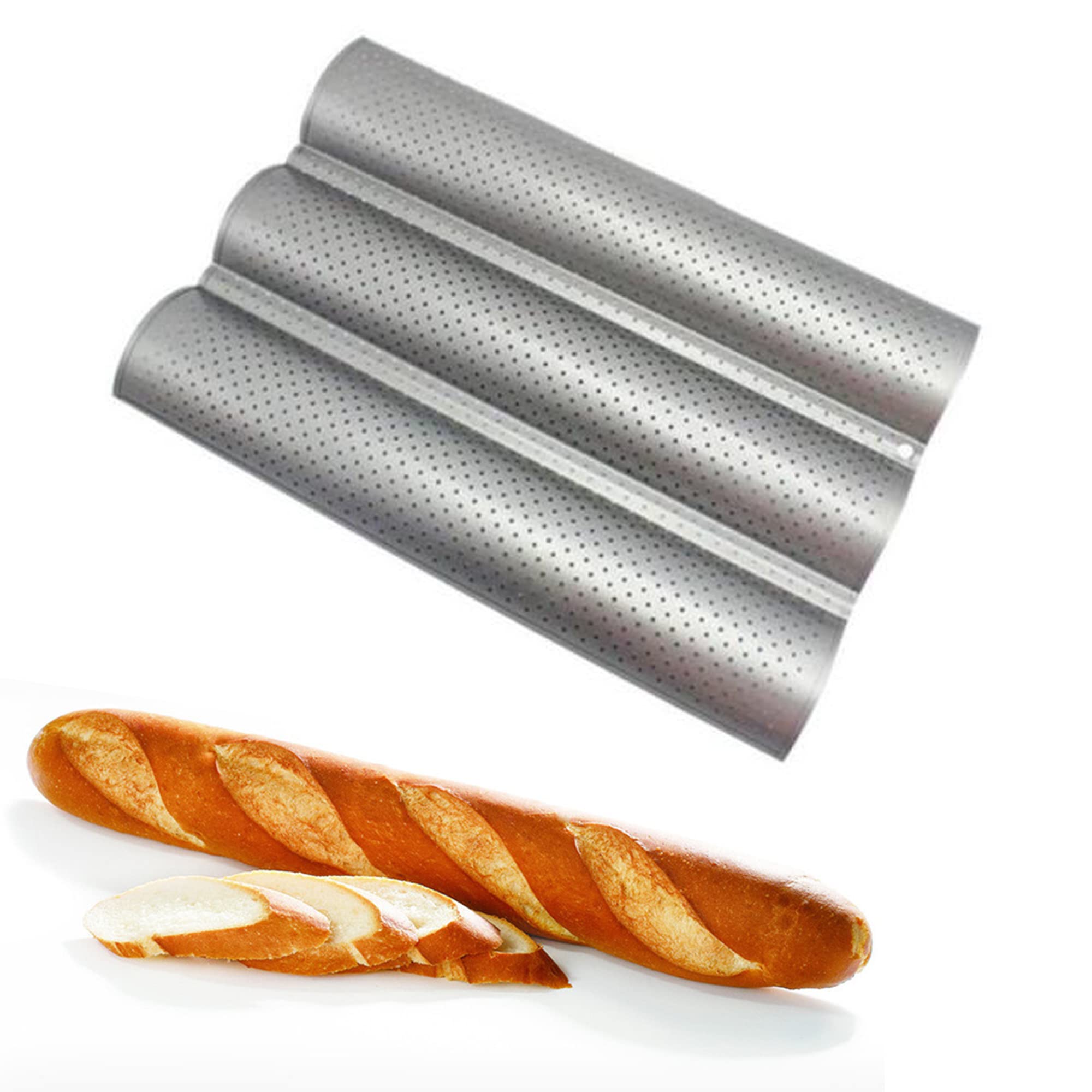 Non-Stick Carbon Steel French Bread Baguette Pan - 3 Loaf Perforated Baking Tray for Homemade Pastry, Baguette & Artisan Bread | Perfect for Home Bakers, Restaurants & Bakery Shops (Silver, 1-Pack)