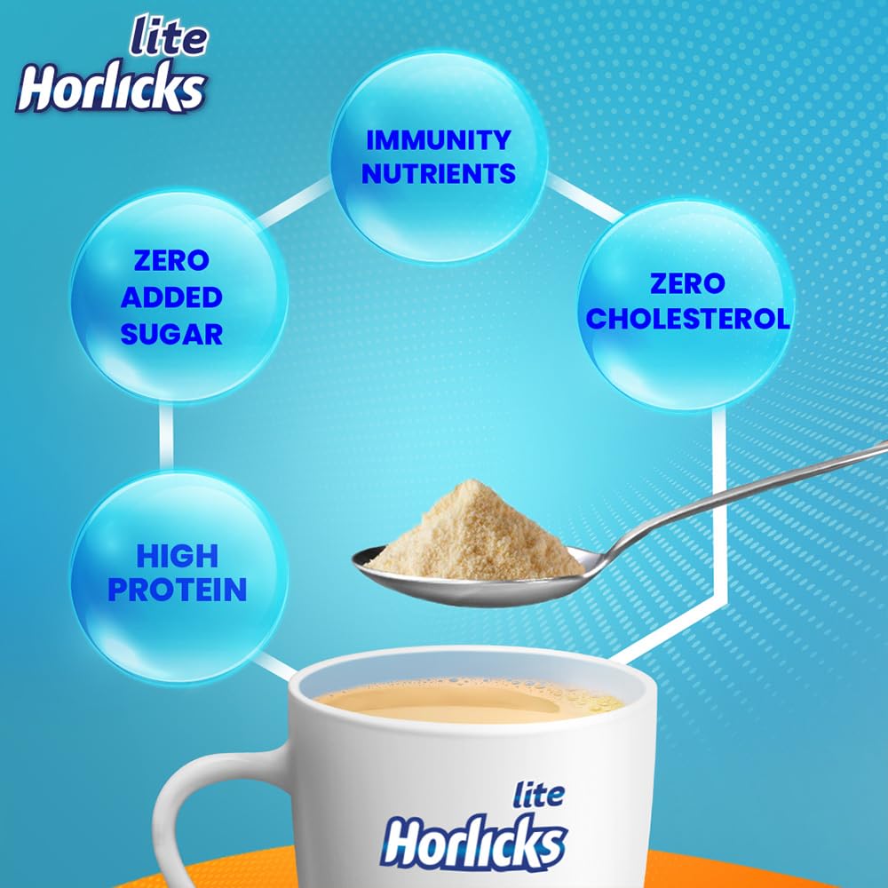 Horlicks Lite 450g - High Protein Malt Drink for Adults | Zero Added Sugar | Scientifically Formulated Nutrition | Perfect for Breakfast, Post-Workout & Nighttime Relaxation