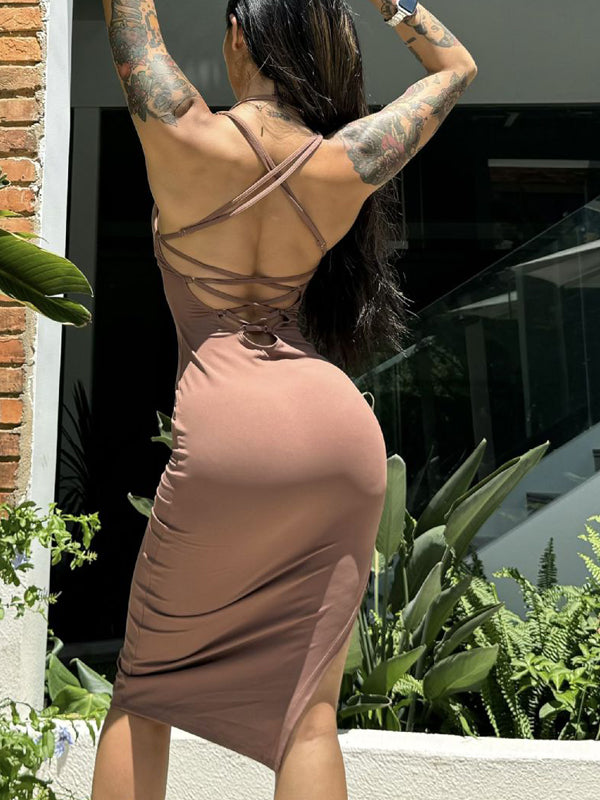 ZASUWA Women's Solid Color Cross Back Hollow Out Split Dress - Sexy Summer Party & Beach Wear for Women