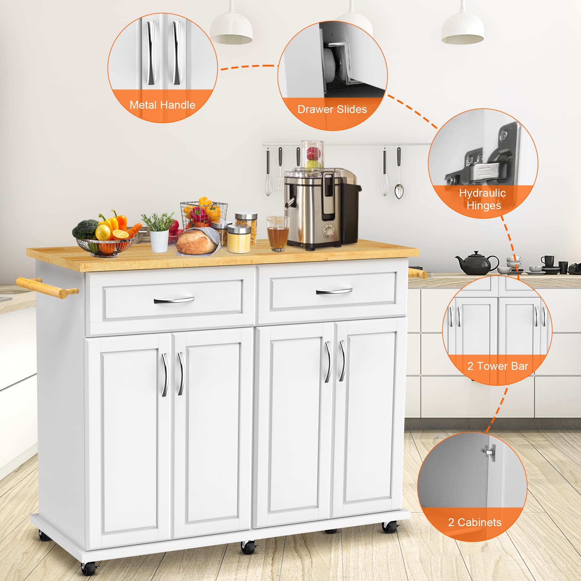White Kitchen Island Cart with Storage Cabinet & Drawer - 48