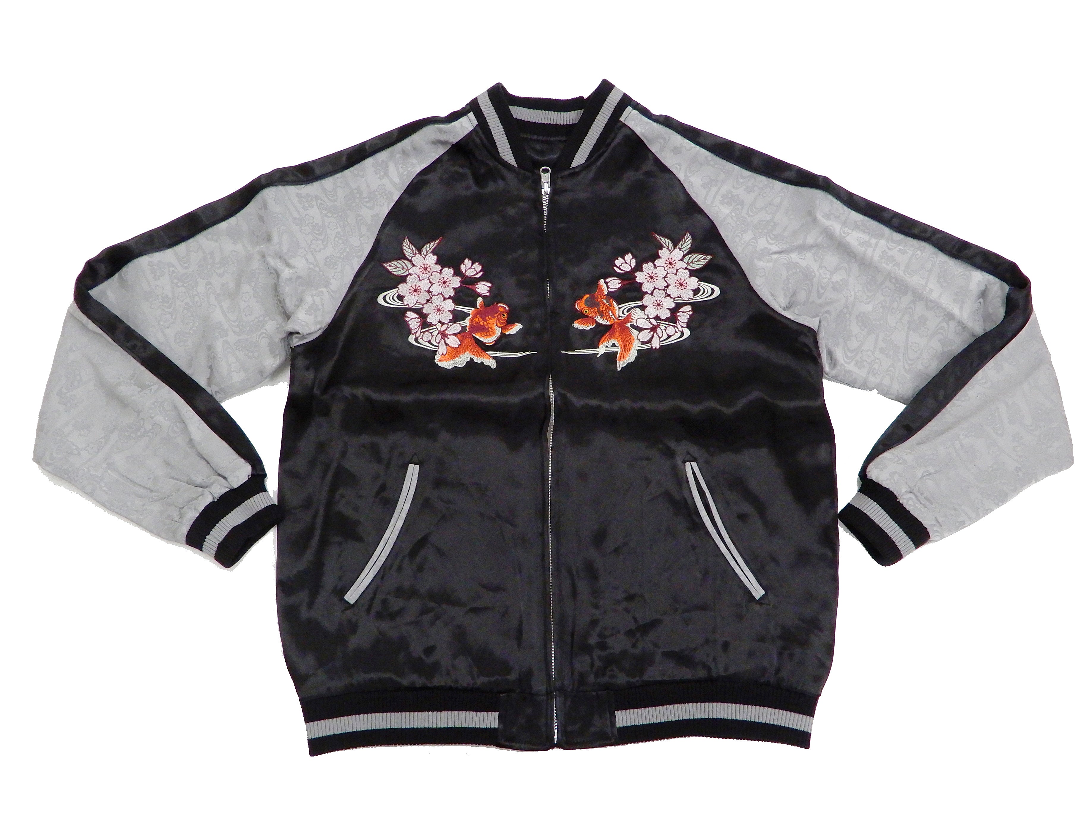 Japanese Souvenir Jacket for Men - Goldfish Embroidery Sukajan Bomber Jacket (Black/Gray) | Vintage Asian Streetwear | Perfect for Cosplay, Anime Conventions & Urban Fashion