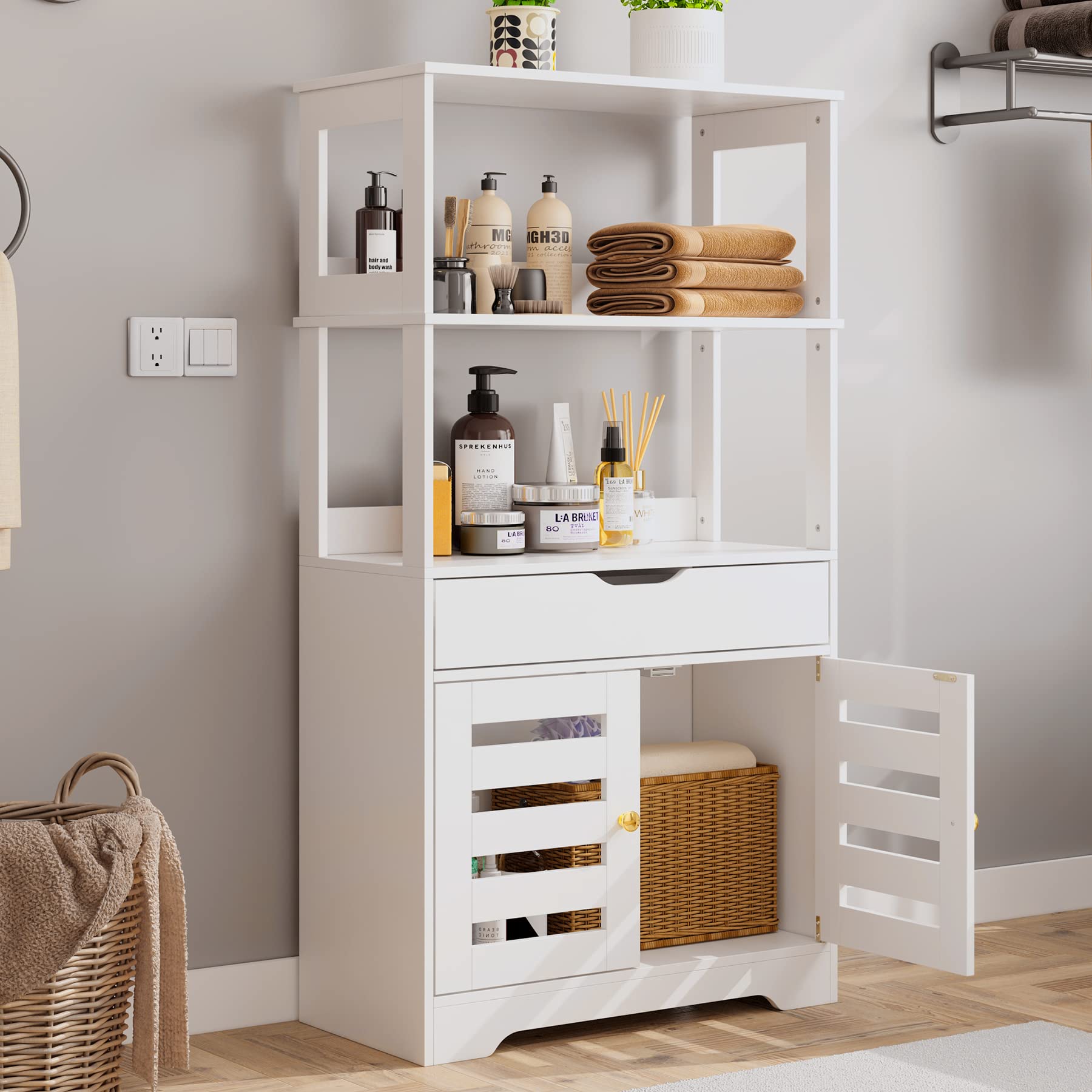 White Freestanding Storage Cabinet with Open Shelves, Drawer & Acrylic Doors - Bathroom, Kitchen Pantry & Living Room Organizer for Home Decor & Space Saving