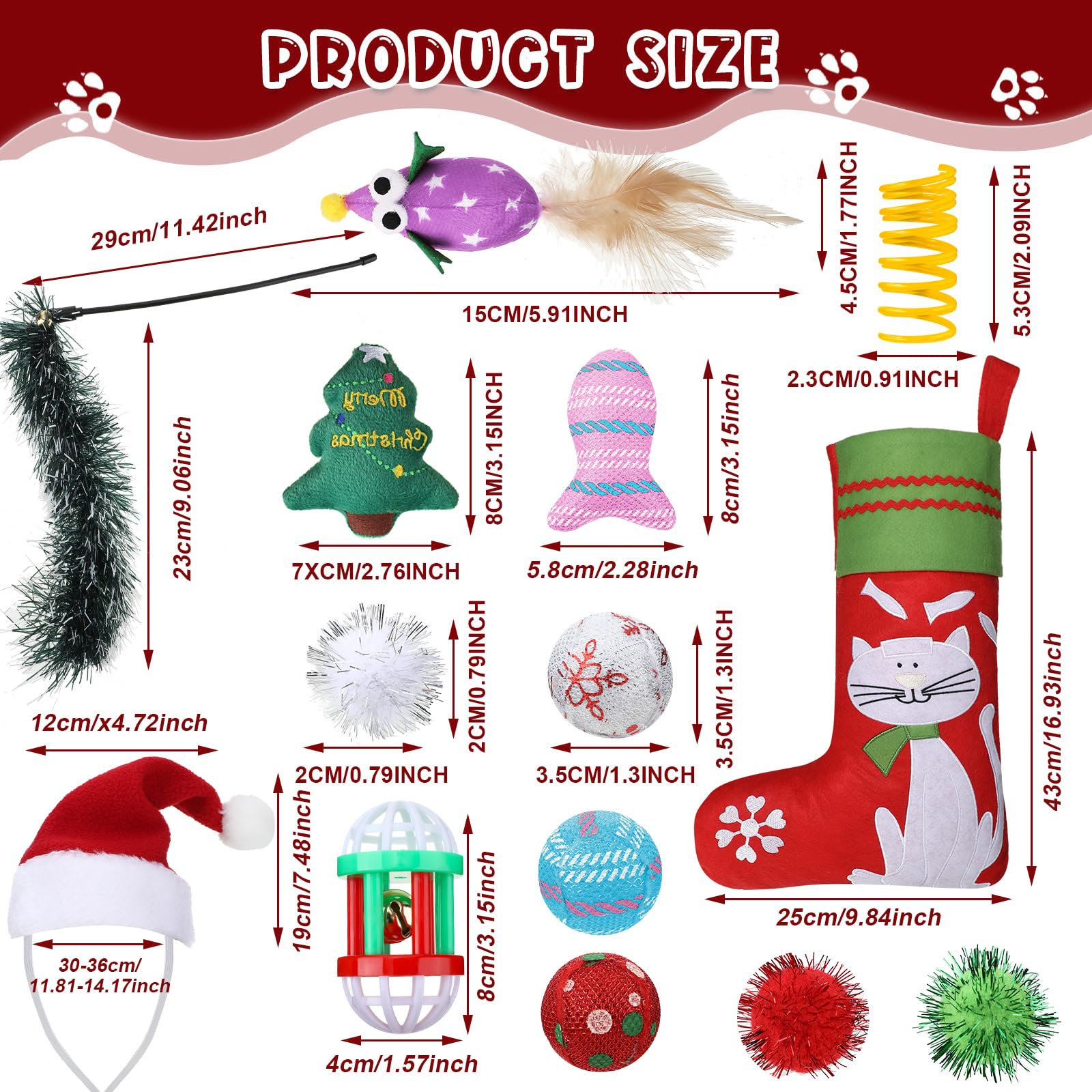 Supervitae 33-Piece Christmas Cat Stocking Toy Kit - Includes Filled Ball, Feather Teaser with Bell - Interactive Cat Toys & Gift Stuffer for Pets - Perfect for Holiday Playtime & Kitty Entertainment