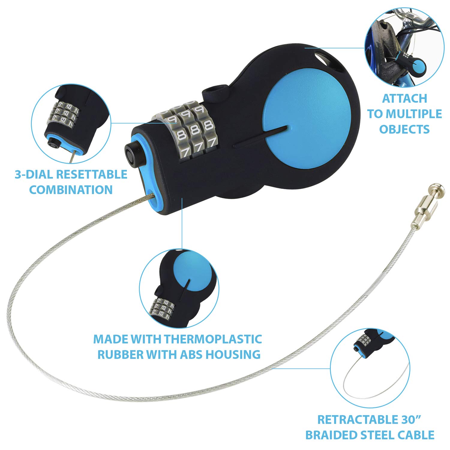 Lewis N. Clark TSA Approved Combination Padlock & Bike Lock for Luggage, Suitcases, Backpacks & Travel - Adjustable 30-inch Retractable Steel Cable Security Lock - Blue - Perfect for Airports, Gym Lockers & Bicycle Safety