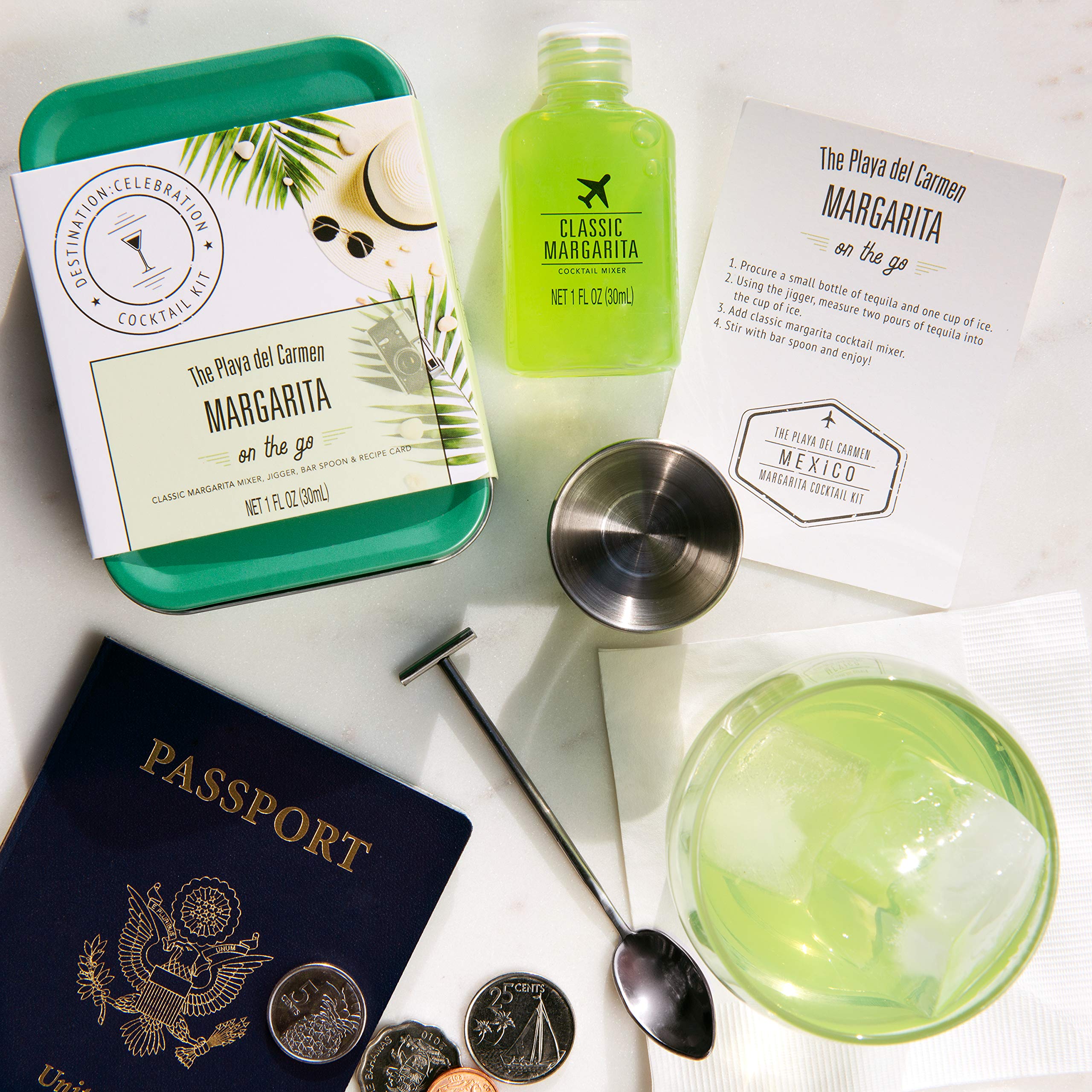 Premium Cocktail Kit Travel Tin Gift Set - Classic Margarita Mixer, Jigger, Bar Spoon & Recipe Cards (Alcohol-Free) - Perfect for Home Bars, Parties & Travel