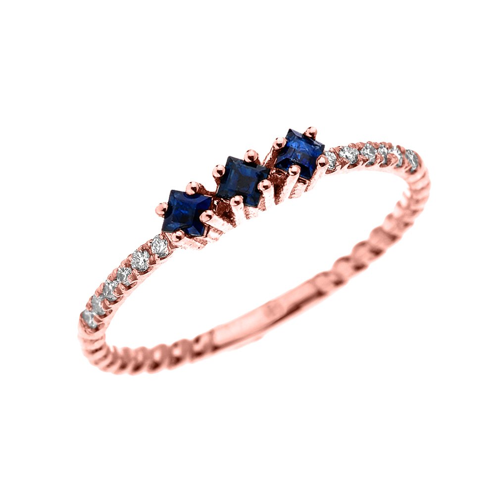 14K Rose Gold Three Stone Princess Cut Sapphire & Diamond Dainty Rope Ring for Women | Elegant Engagement, Wedding, Anniversary Gift | Perfect for Bridal Jewelry & Special Occasions
