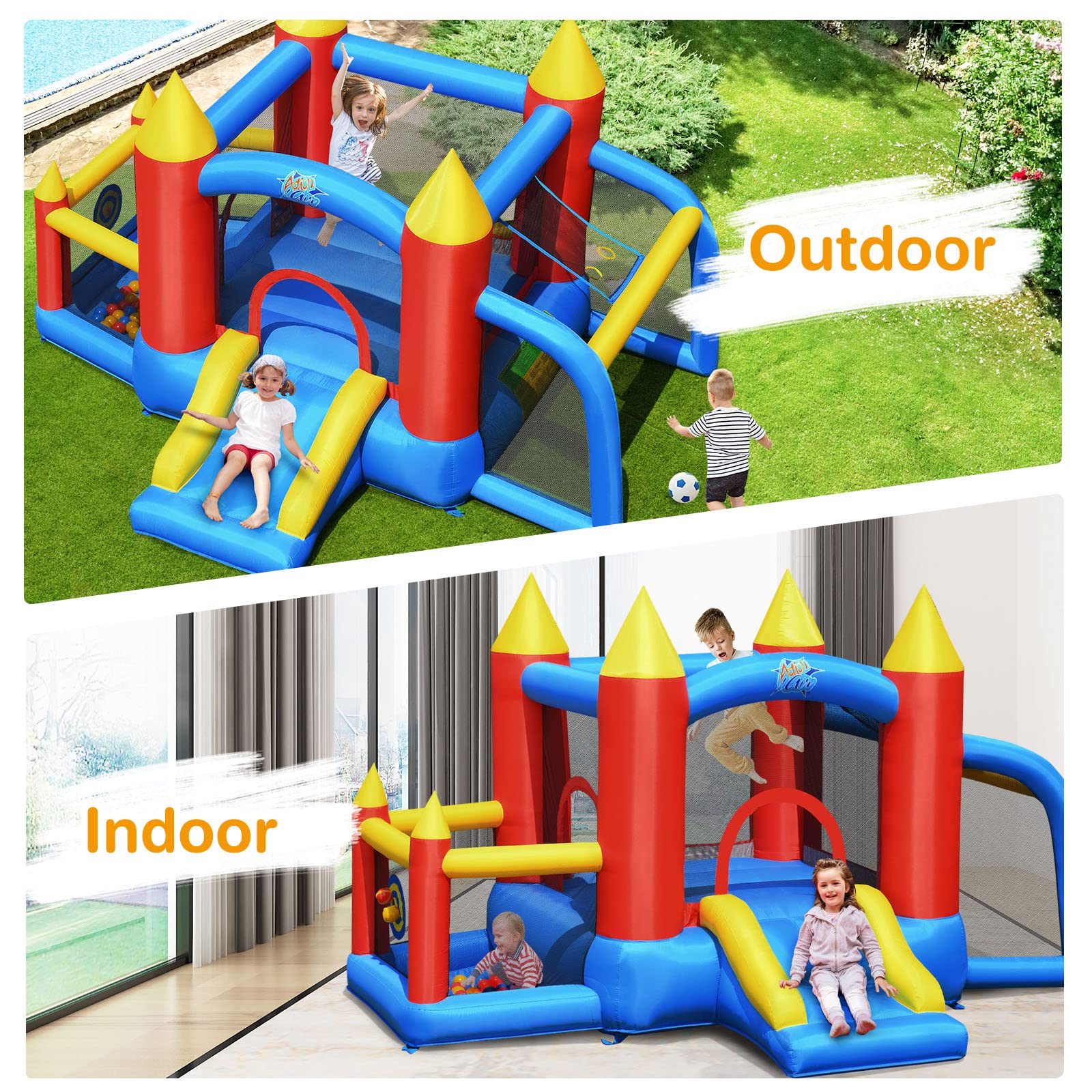 **HONEY JOY 6-in-1 Inflatable Bounce House with Blower – Kids Bouncy Castle for Ages 5-12, Indoor & Outdoor Play with Soccer Goal & Ocean Balls – Perfect for Backyard Parties, Birthdays & Summer Fun (Includes 740W Blower)**