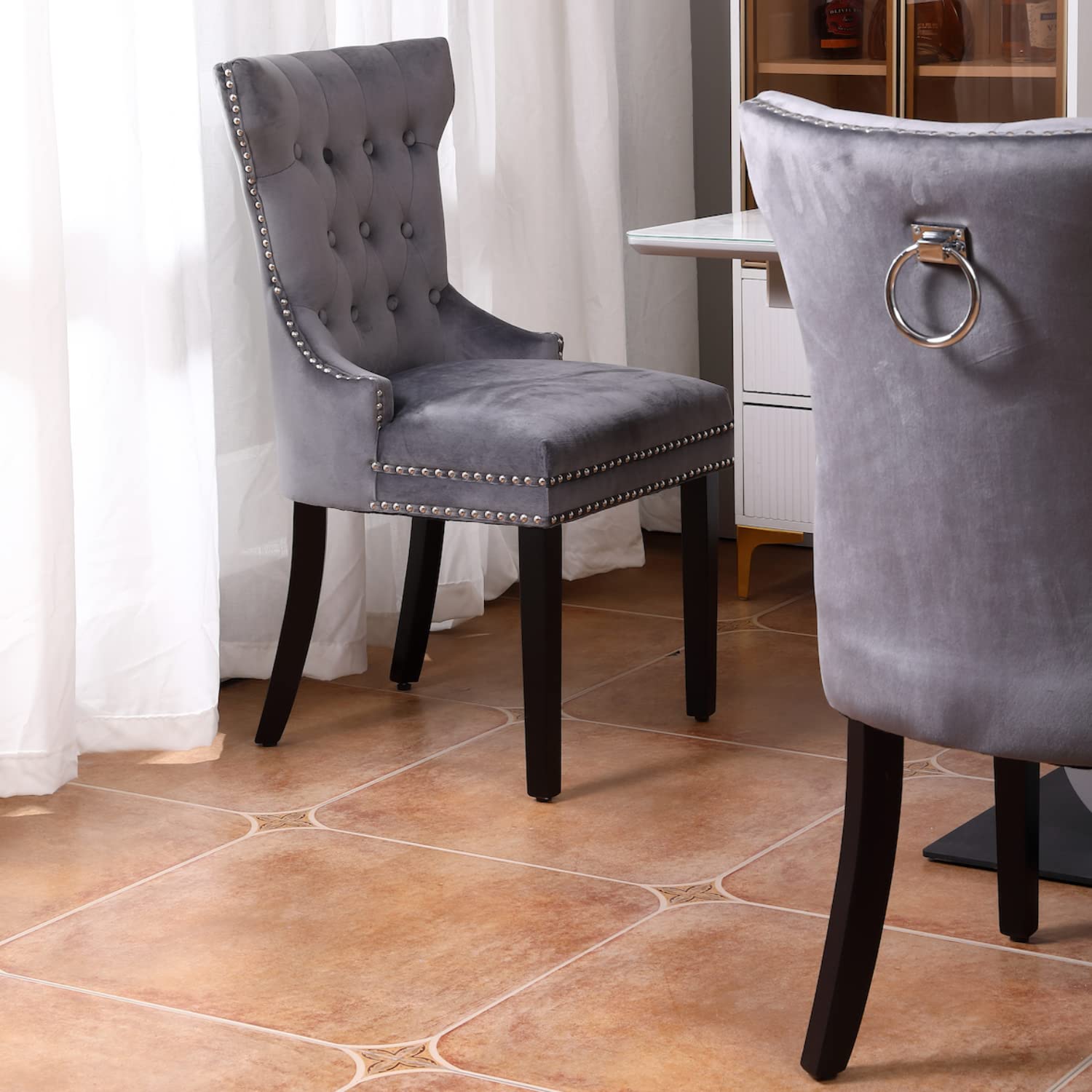 Luxury Modern Velvet Upholstered Dining Chairs Set of 2 - Gray Tufted Accent Chairs with Wooden Legs & Nailhead Trim (20.07