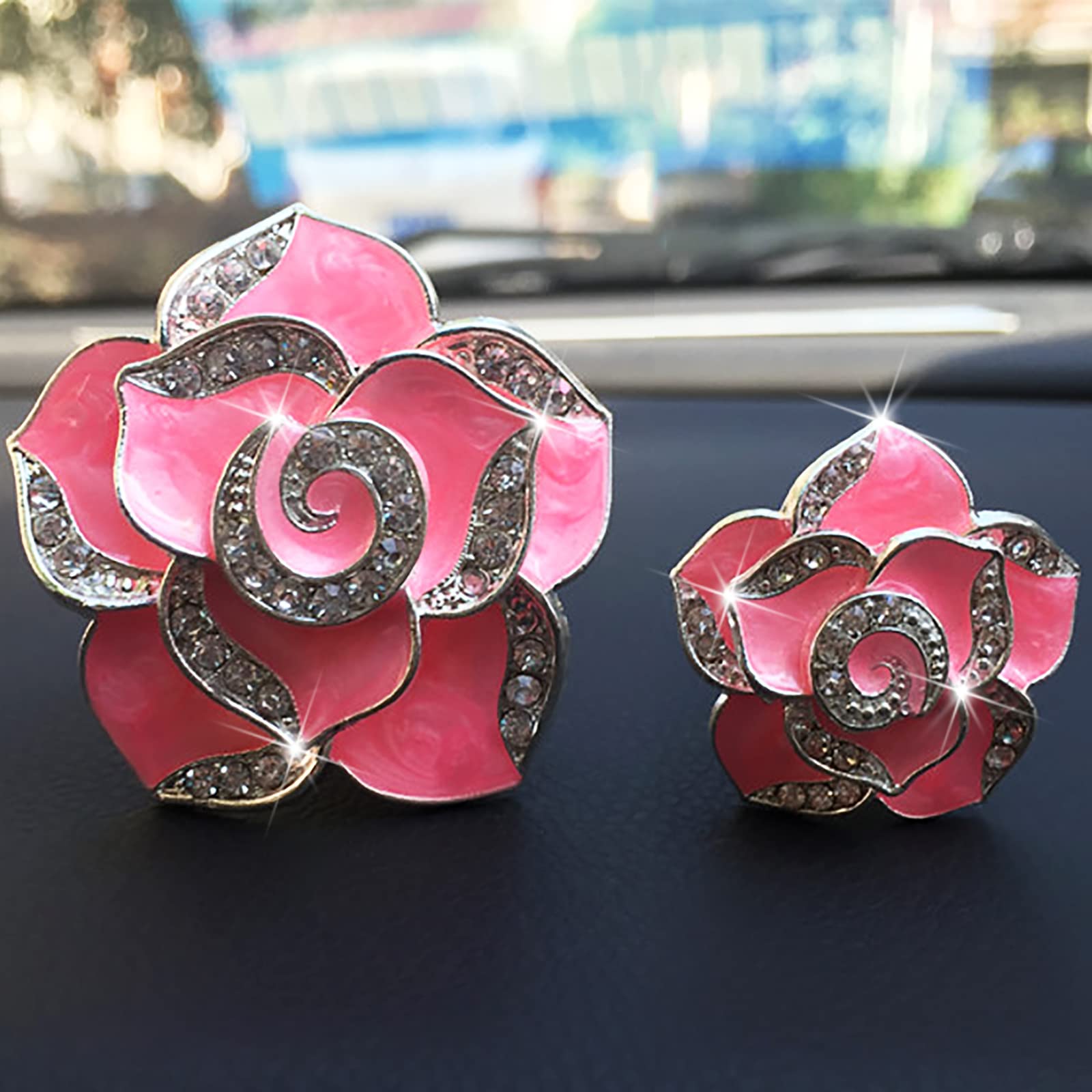 2 Pcs Camellia Air Vent Clips - Cute Flower Car Air Freshener with Crystal Rose Charm, Bling Car Vent Decor for Women & Girls | Perfect for Car Interior Decoration & Aromatherapy