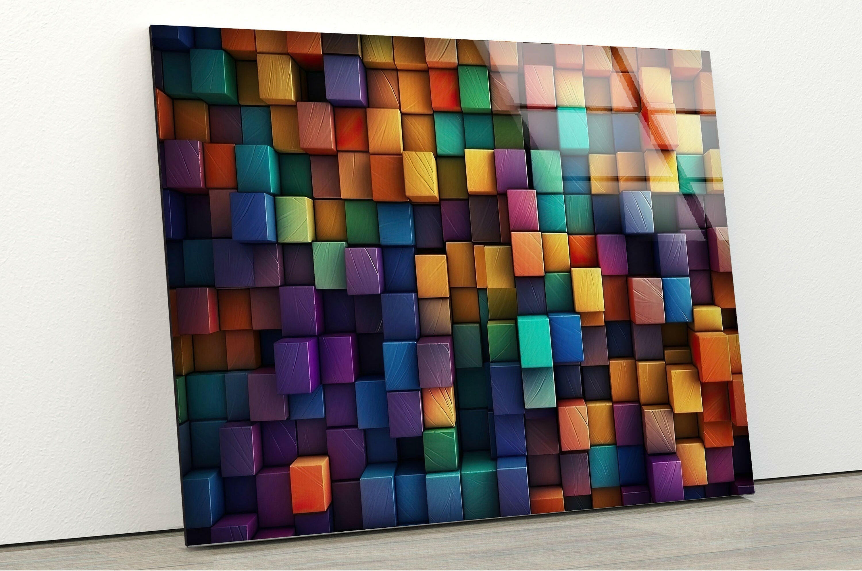 Abstract Cubes Glass Wall Art - Modern Geometric Stained Glass Decor for Living Room, Bedroom, Office - Handmade 3D Mosaic Panel for Windows & Interior Design