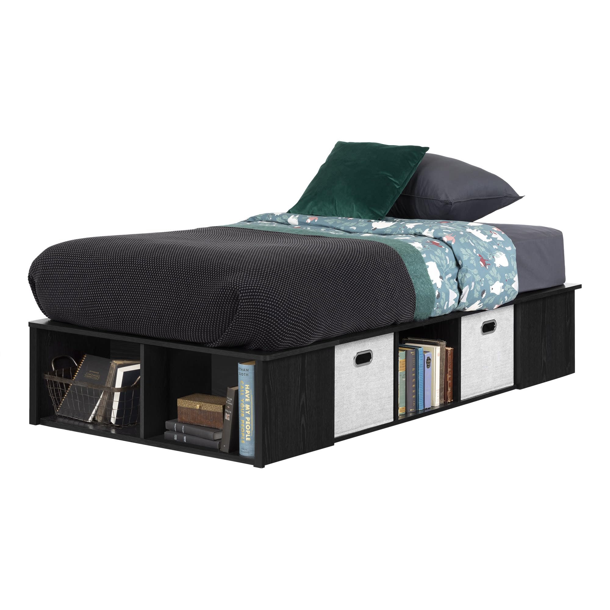 South Shore Flexible Twin Bed Frame with Storage Baskets, Modern Platform Bed in Black Oak & Taupe - Perfect for Small Bedrooms, Kids' Rooms & Guest Rooms