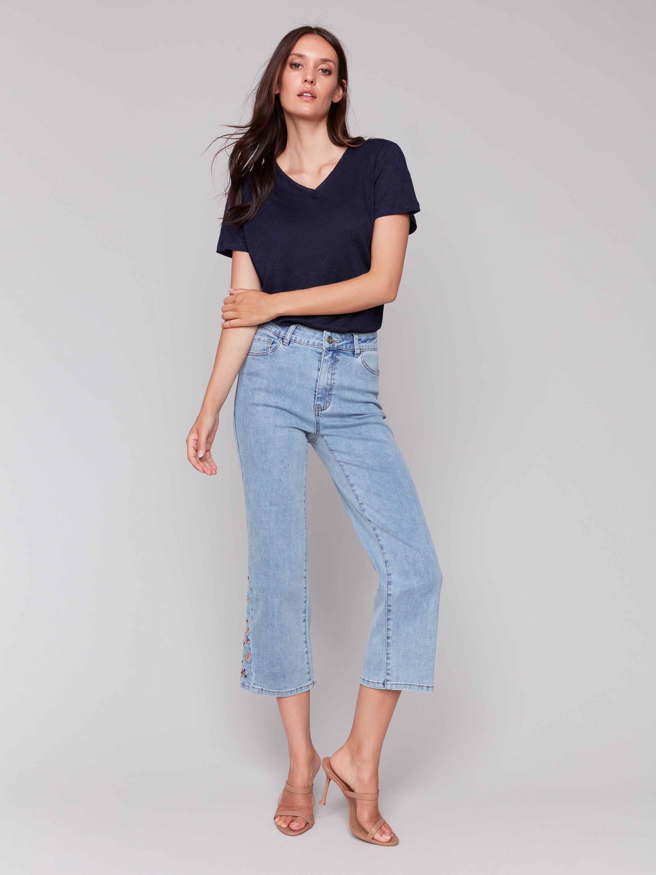 Cropped Flare Jeans with Side Cut Floral Embroidery - Light Blue High Waist Vintage Denim Pants for Women | Casual Outfit, Streetwear, Boho Style Fashion