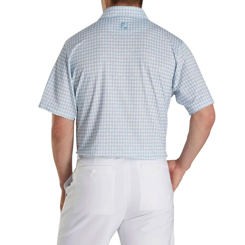 FootJoy Lisle Gingham Fray Print Self Collar White Men's Golf Polo Shirt - Moisture Wicking & UV Protection for Comfortable Golfing & Outdoor Activities