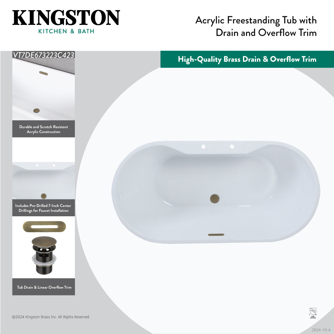 67 Inch Acrylic Oval Freestanding Bathtub - Glossy White with Brushed Nickel Finish - Double Ended Soaking Tub with Drain - Perfect for Luxury Bathrooms & Spa Retreats