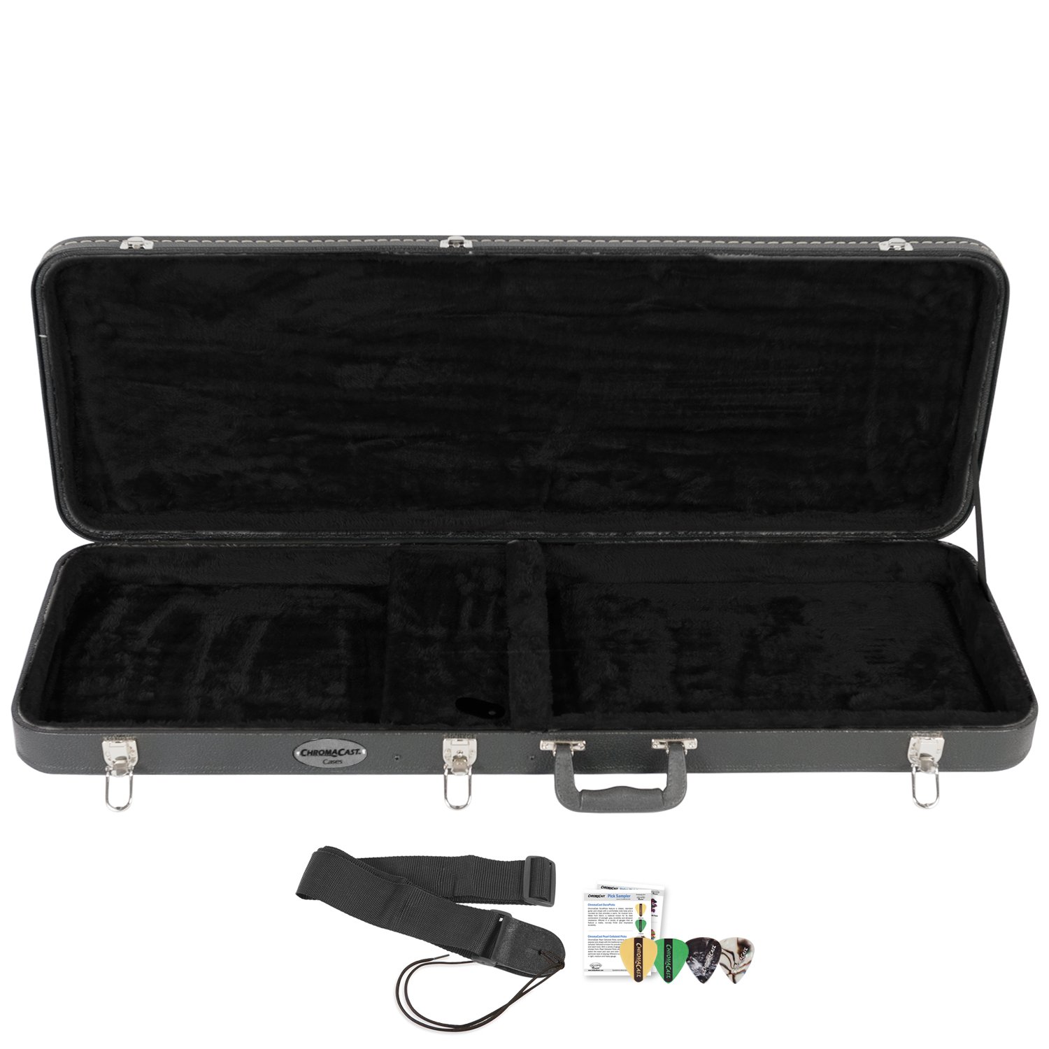 ChromaCast CC-EHC Black Electric Guitar Hard Case with Strap & Pick Sampler - Durable Protection for Travel, Gig & Storage