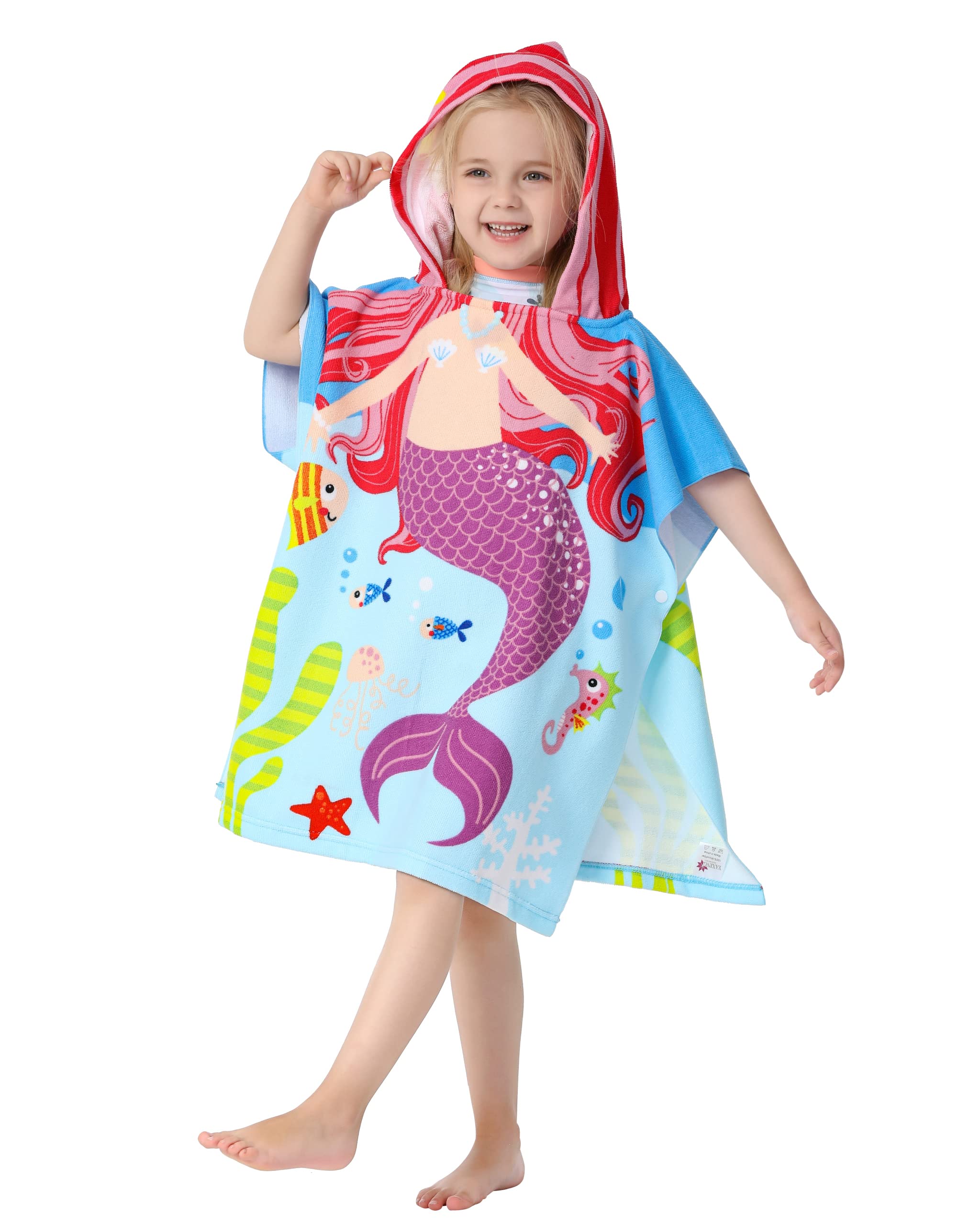 Lightweight Microfiber Hooded Beach Towel for Kids & Toddlers - Quick Dry Bath/Pool/Swim Poncho Cover Up with Carry Bag - 3D Mermaid Design - Perfect for Beach Days, Swimming Lessons & Family Vacations