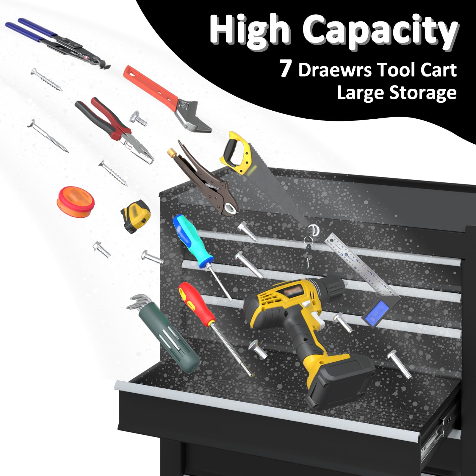 7-Drawer Rolling Tool Chest with Wheels - Heavy Duty High Capacity Tool Box Cabinet for Workshop, Garage & Repair Room - Portable Mobile Tool Storage for Mechanics, DIY & Home Improvement (Black)