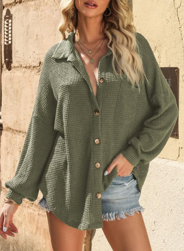 SHEWIN Women's Waffle Knit Button Down Shirt - Casual Long Sleeve Shacket Jacket, Boyfriend Style Loose Fit Blouse for Fall & Winter | Perfect for Office, Dating, and Outdoor Activities