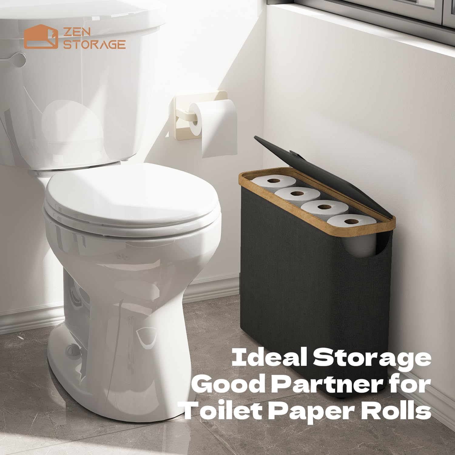 Bamboo Lid Toilet Paper Storage Basket - Holds 12 Rolls, Free Standing Bathroom Organizer with Storage Space - Perfect for Small Bathrooms, Apartments & Vanity Organization (Black)