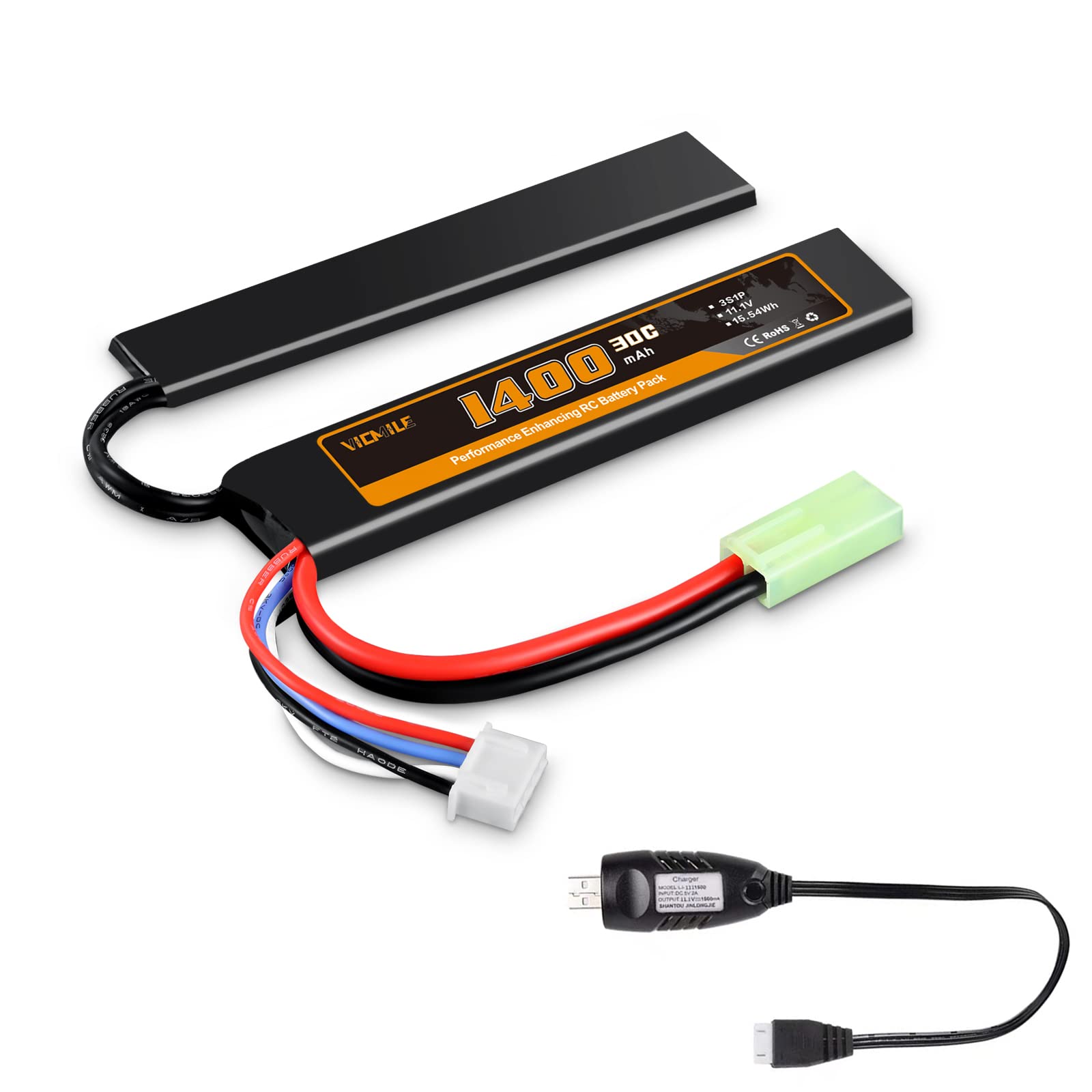 VICMILE 3S 11.1V 1400mAh LiPo Airsoft Battery with Mini Tamiya Plug - 30C High Discharge Rate Rechargeable Battery & Charger - Compatible with Airsoft Guns - Perfect for Airsoft Battles and Training Sessions
