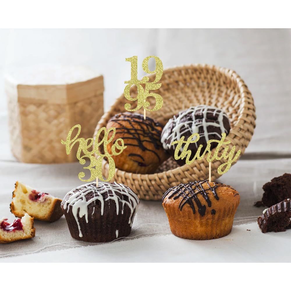 24 Pcs Gold Glitter 30th Birthday Cupcake Toppers - Elegant Anniversary Party Decor for Wedding, Milestone Celebrations & Special Events - Perfect for 30th Birthday Cakes, Desserts & Sweet Table Displays