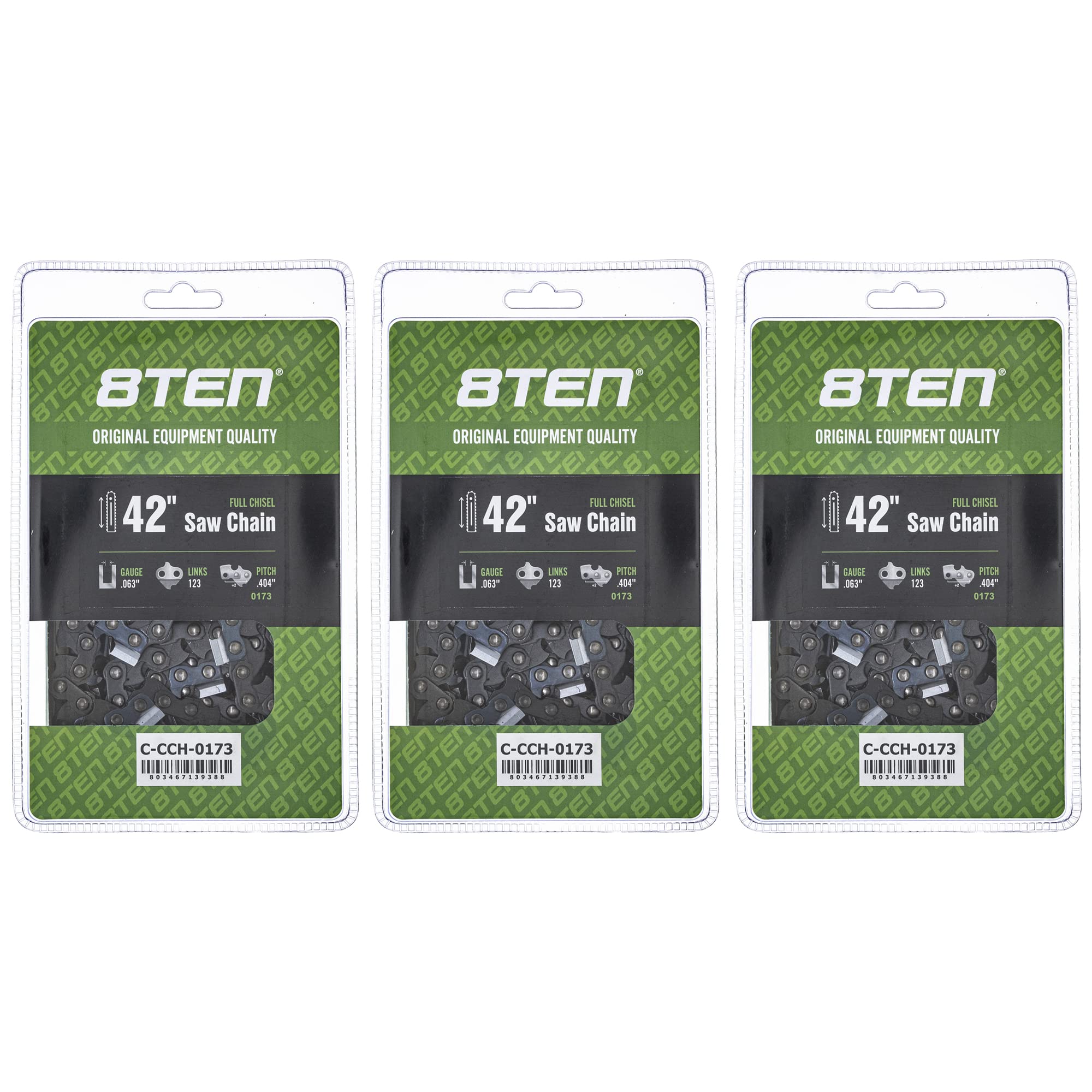 8TEN Full Chisel Chainsaw Chain 42 Inch .063 .404 123DL 3 Pack - Professional Grade Chainsaw Replacement Parts for Heavy-Duty Wood Cutting and Tree Felling - Perfect for Logging, Firewood Processing, and Landscaping Work