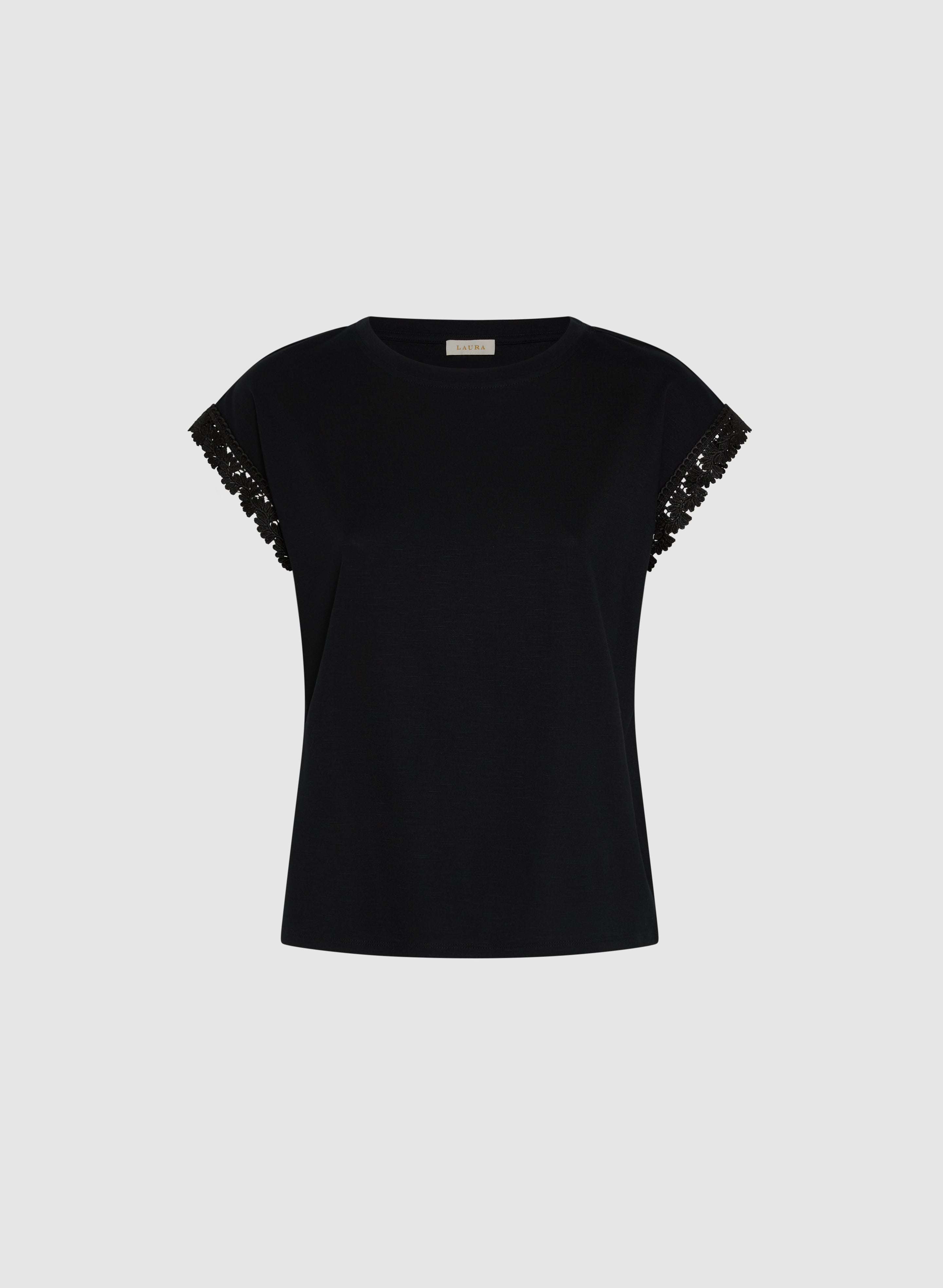 Crochet Trim T-Shirt for Women - Soft Cotton Casual Tee with Lace Detail - Perfect for Summer, Beach, and Boho Outfits