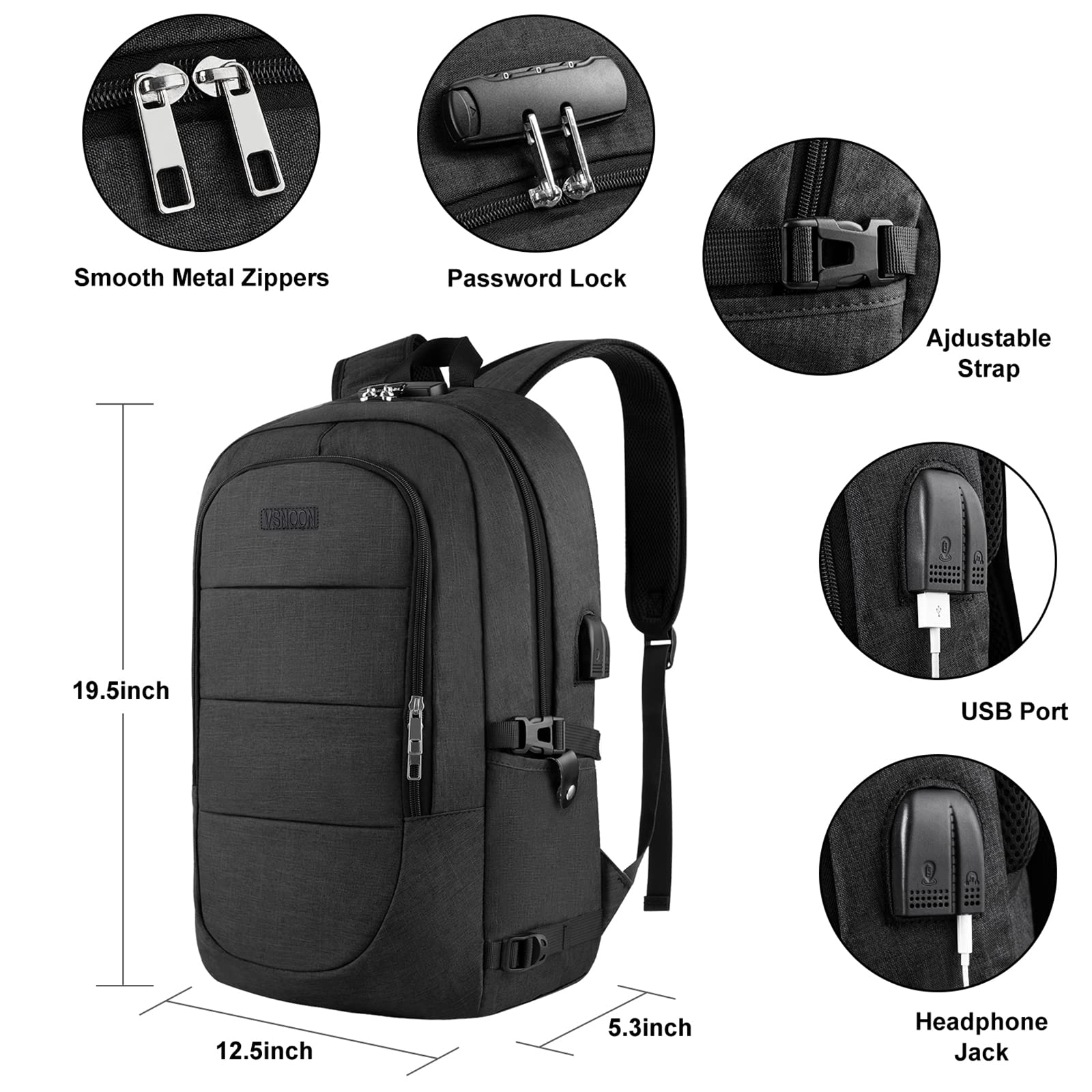 VSNOON Anti-Theft Laptop Backpack for 15.6-17.3 Inch Business & Travel, USB Charging Port & Lock, Water Resistant Computer Bag for Women & Men, Black – Ideal for Commuting, Work & Study