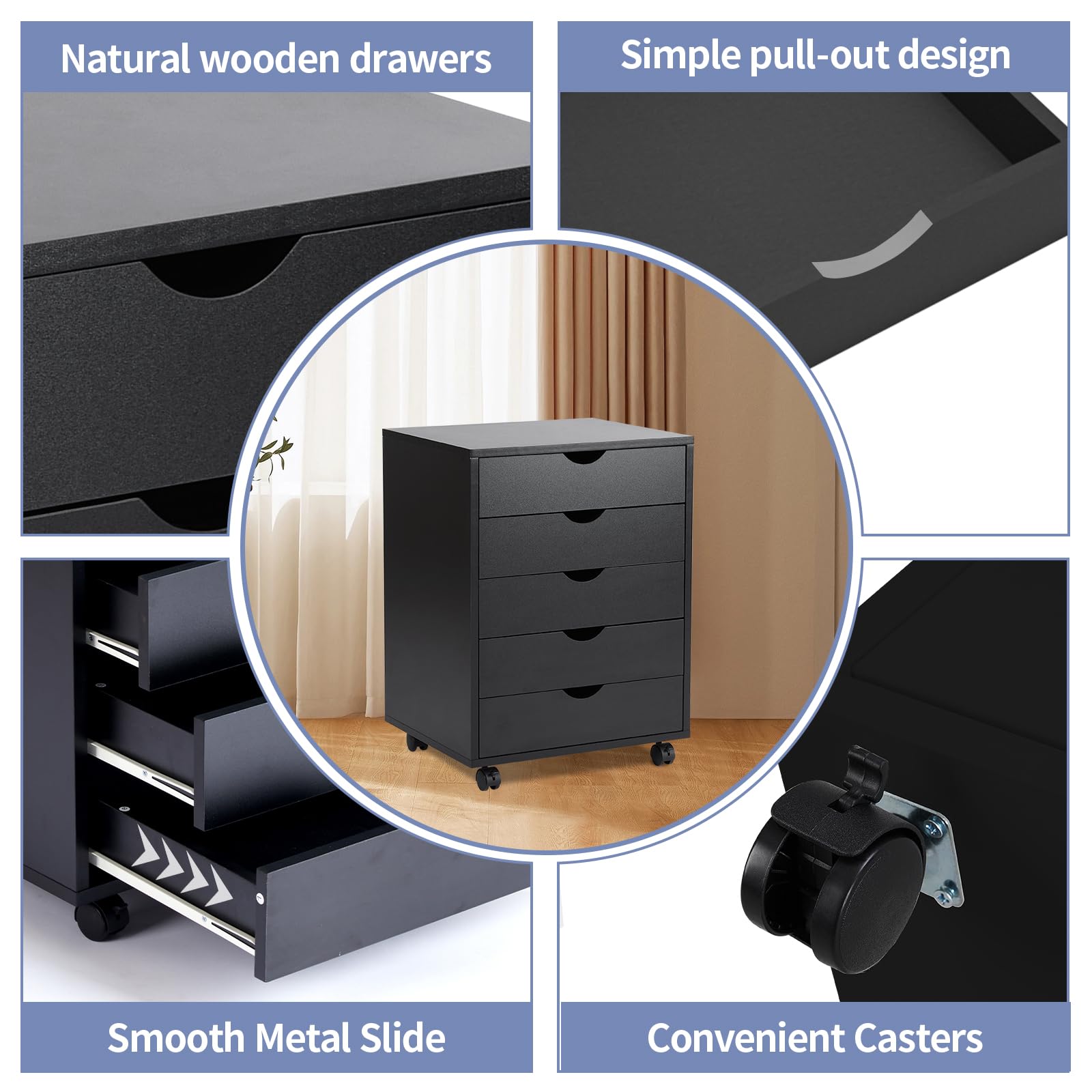 NEWBULIG 5-Drawer Wooden Storage Organizer with Wheels - Rolling File Cabinet, Printer Stand for Home Office, Study & Dressing Room Organization (Ideal for Document Storage & Workspace Organization)
