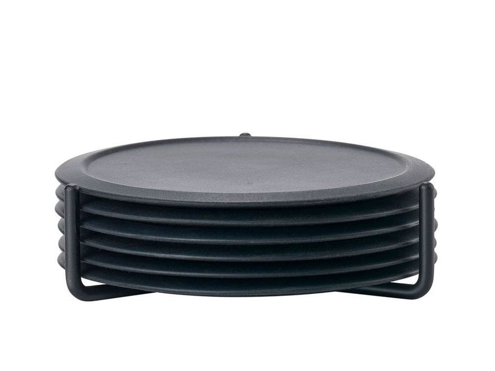 ZONE DENMARK Black Coasters Set of 6 with Holder - Premium Absorbent Drink Coasters for Coffee, Beer, Wine & Cocktails - Perfect for Home, Bar, Office & Party Use