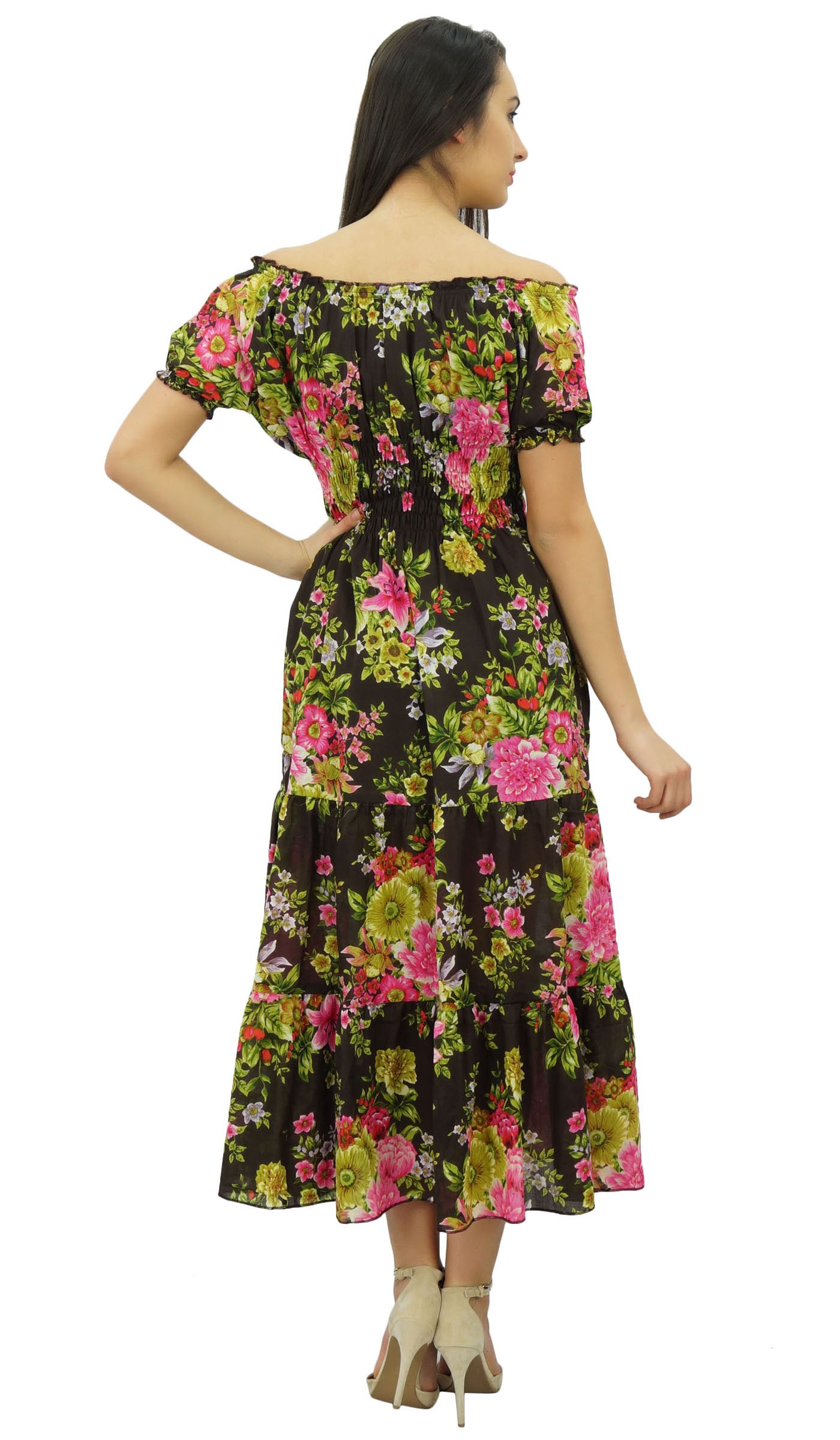 Bimba Women's Printed Off-Shoulder Party Dress with Smocked Waist & Flared Maxi Skirt - Perfect for Evening Events, Weddings & Summer Vacations