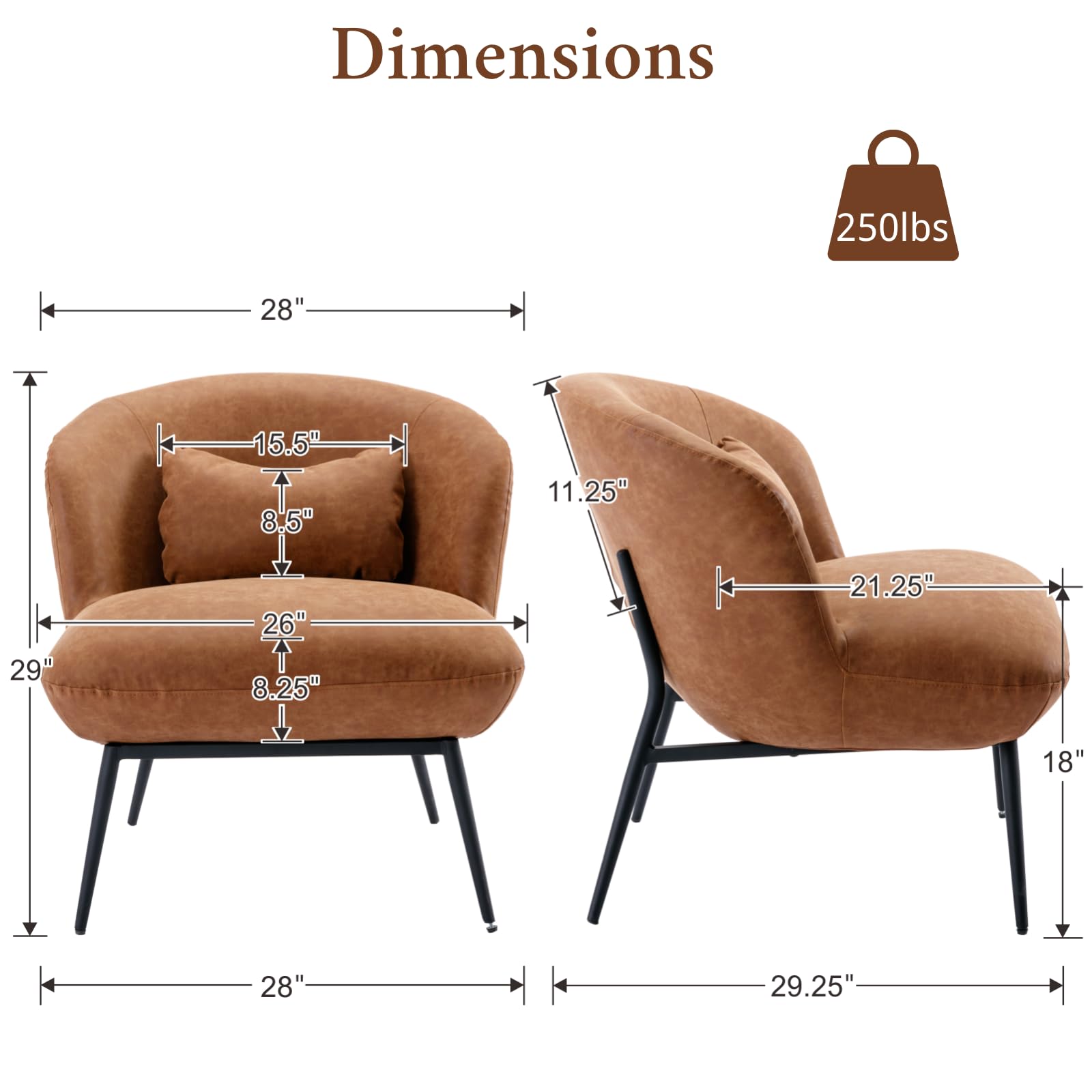 Modern Accent Chair - PU Leather Upholstered Side Chair with Cushion & Black Metal Legs, Comfortable Lounge Chair for Living Room, Bedroom, Office - Perfect for Reading, Relaxing & Home Decor (Brown)