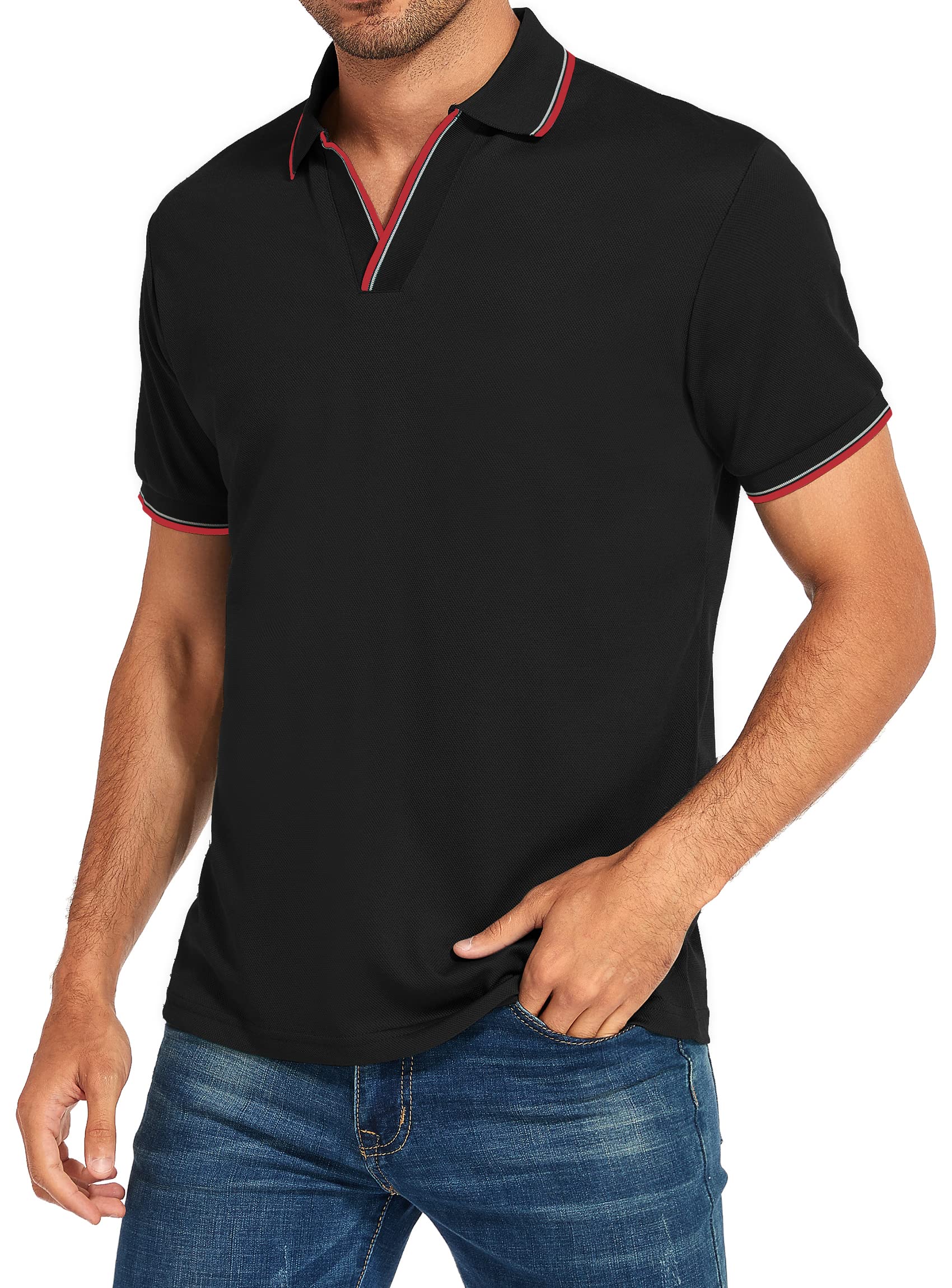 HAUSEIN Men's Short Sleeve Polo Shirts - Breathable V-Neck Casual & Golf Shirt for Summer | Perfect for Outdoor Sports, Office Wear & Weekend Outings