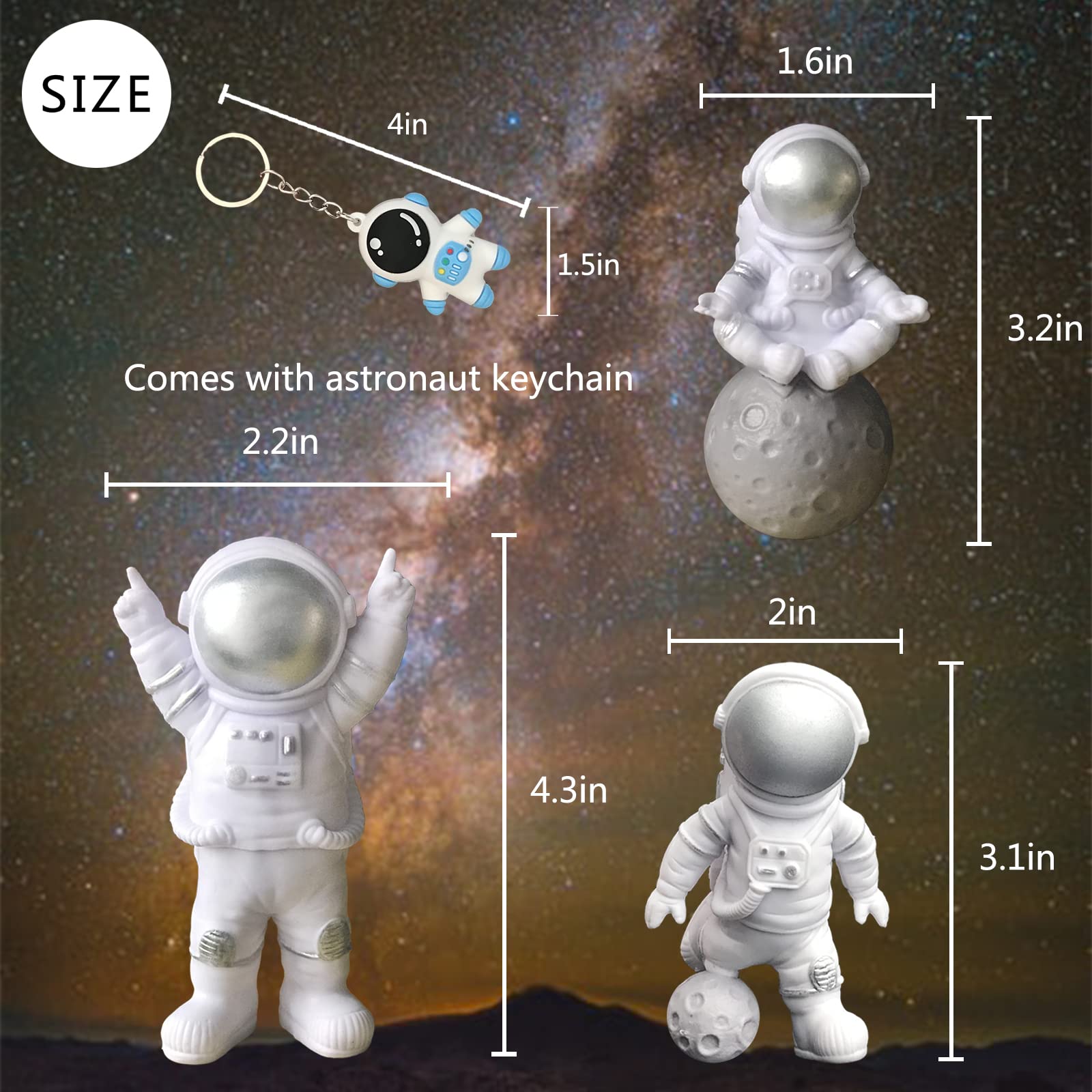 4 PCS Astronaut Figurines - Silver Spaceman Cake Toppers, Resin Astronaut Decorations for Outer Space Themed Birthday Parties, Kids Room Decor & Desktop Ornaments - Includes 3 Astronaut Figures & 1 Keychain - Perfect for Space-Themed Cakes, Cupcakes, Gift Giving & Sci-Fi Decor