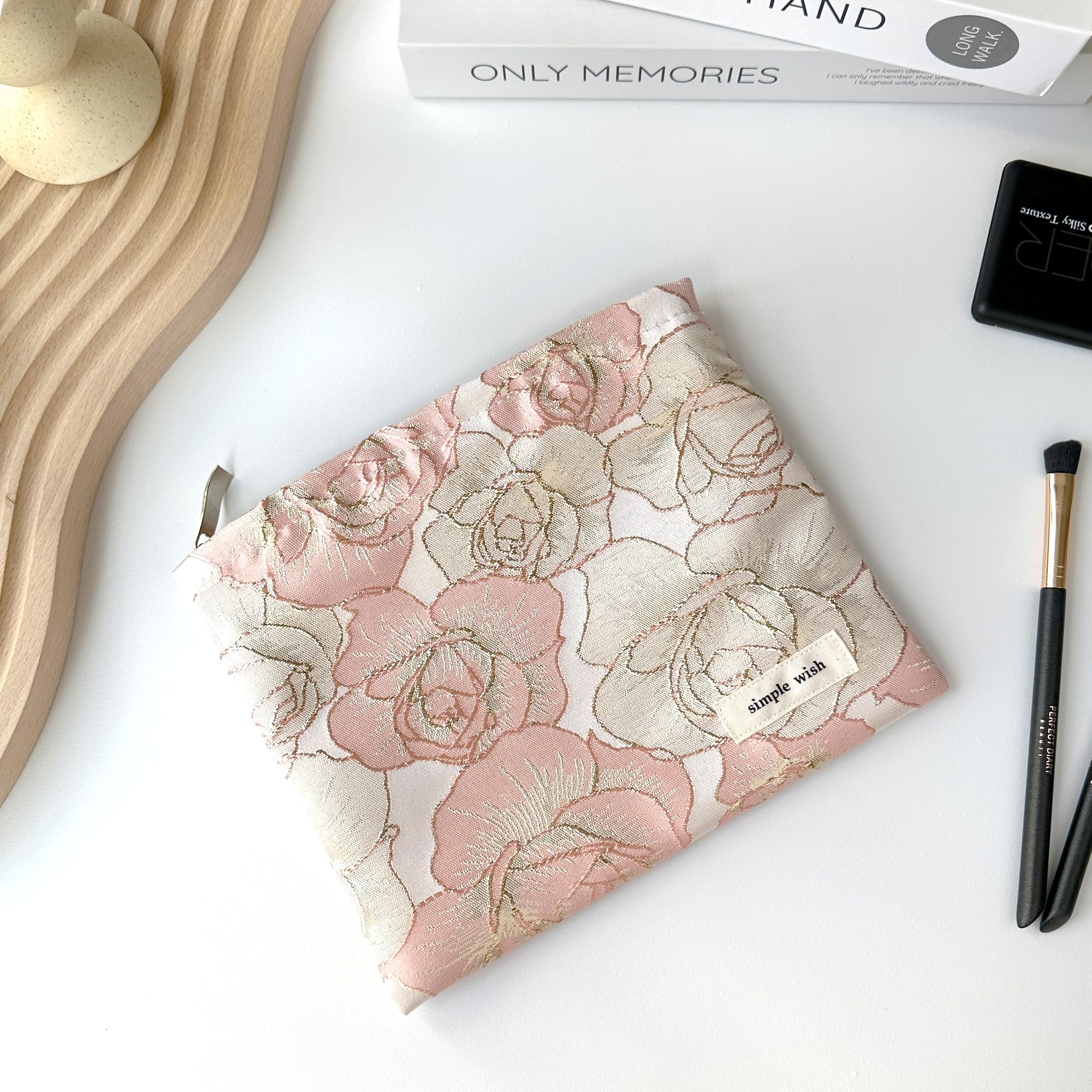 Small Preppy Embroidery Canvas Makeup Bag for Women - Cute Zipper Pouch Cosmetic Organizer, Travel Toiletry Bag (Gold Pink Flowers, Small) - Perfect for Daily Essentials & Weekend Getaways